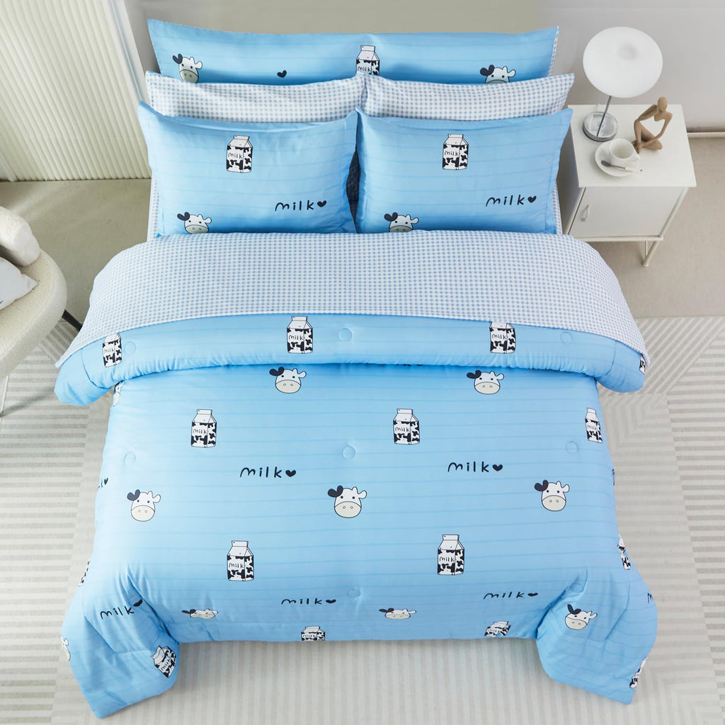 SUCSES Full Size Comforter Set with Sheets 8 Piece Cow Print Bedding Set for Boys Girls Black and White Kids Bed-in-A-Bag Farmhouse Rustic Bed Set for Bedroom (Milk Cow, Full)