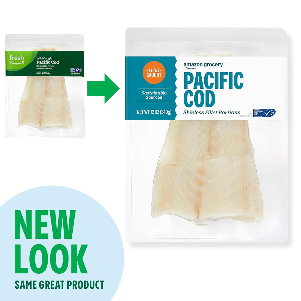 Amazon Grocery, Wild Caught Pacific Cod Skinless Fillet Portions, 12 Oz