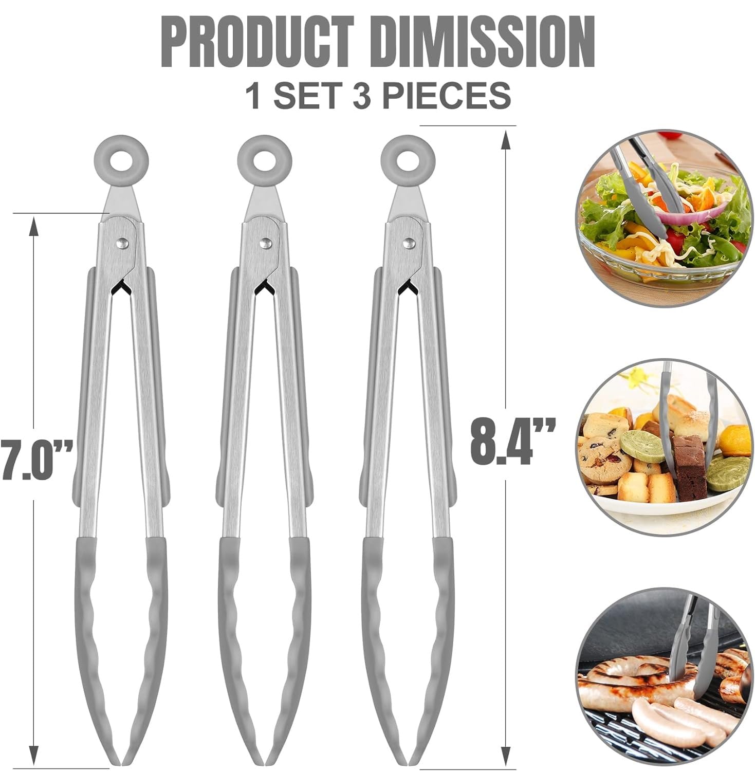 Hotec Mini Silicone Kitchen Tongs for Cooking - 7-Inch Small Serving Tongs with Silicone Tips, Set of 3 (Black)