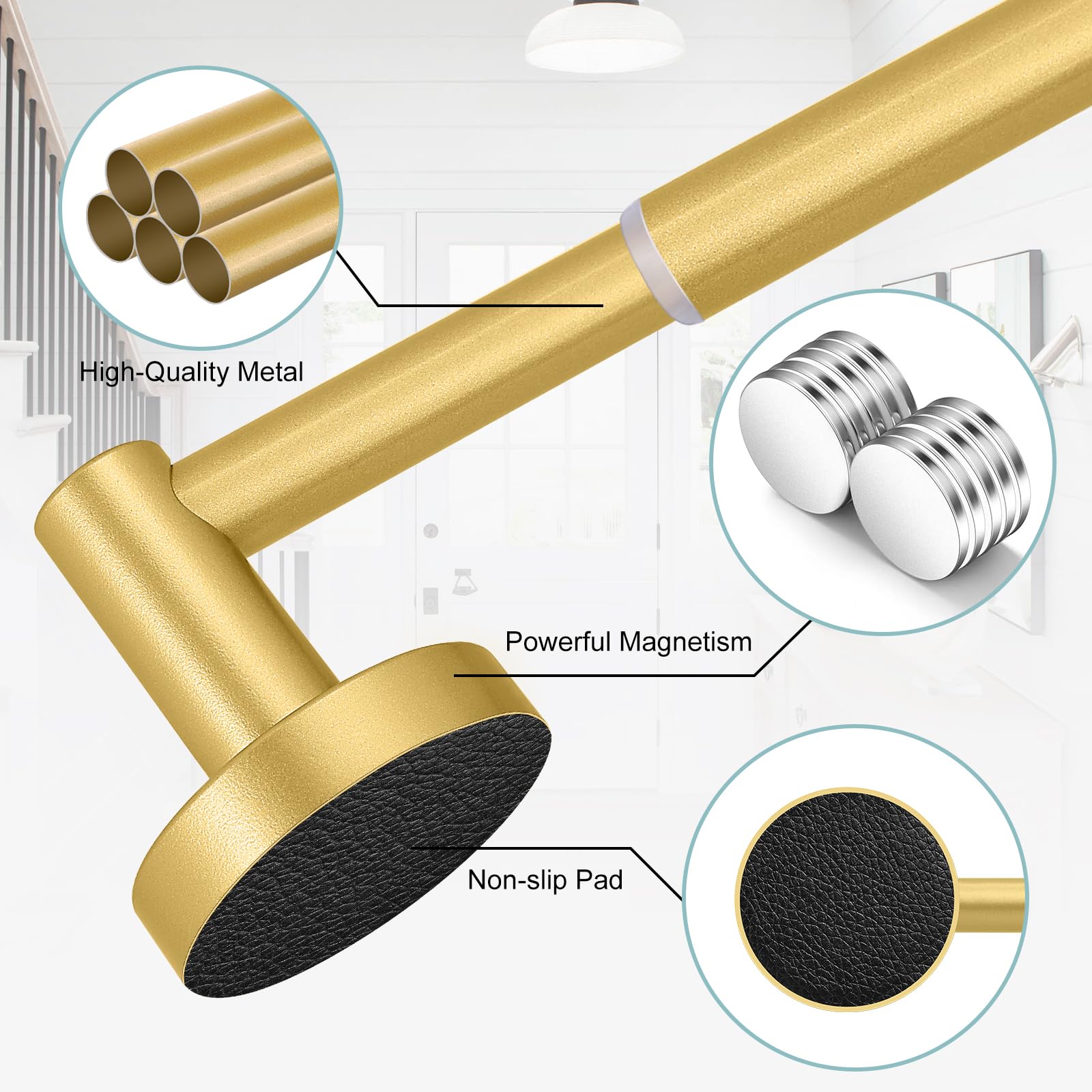 Gold Magnetic Curtain Rod for Door:Magnet Curtain Rods for Classroom Whiteboard,Small Adjustable Magnetic Towel Bar,Tool-Free French Magnet Pole with Leather Protective Cover No Drilling 16-28"