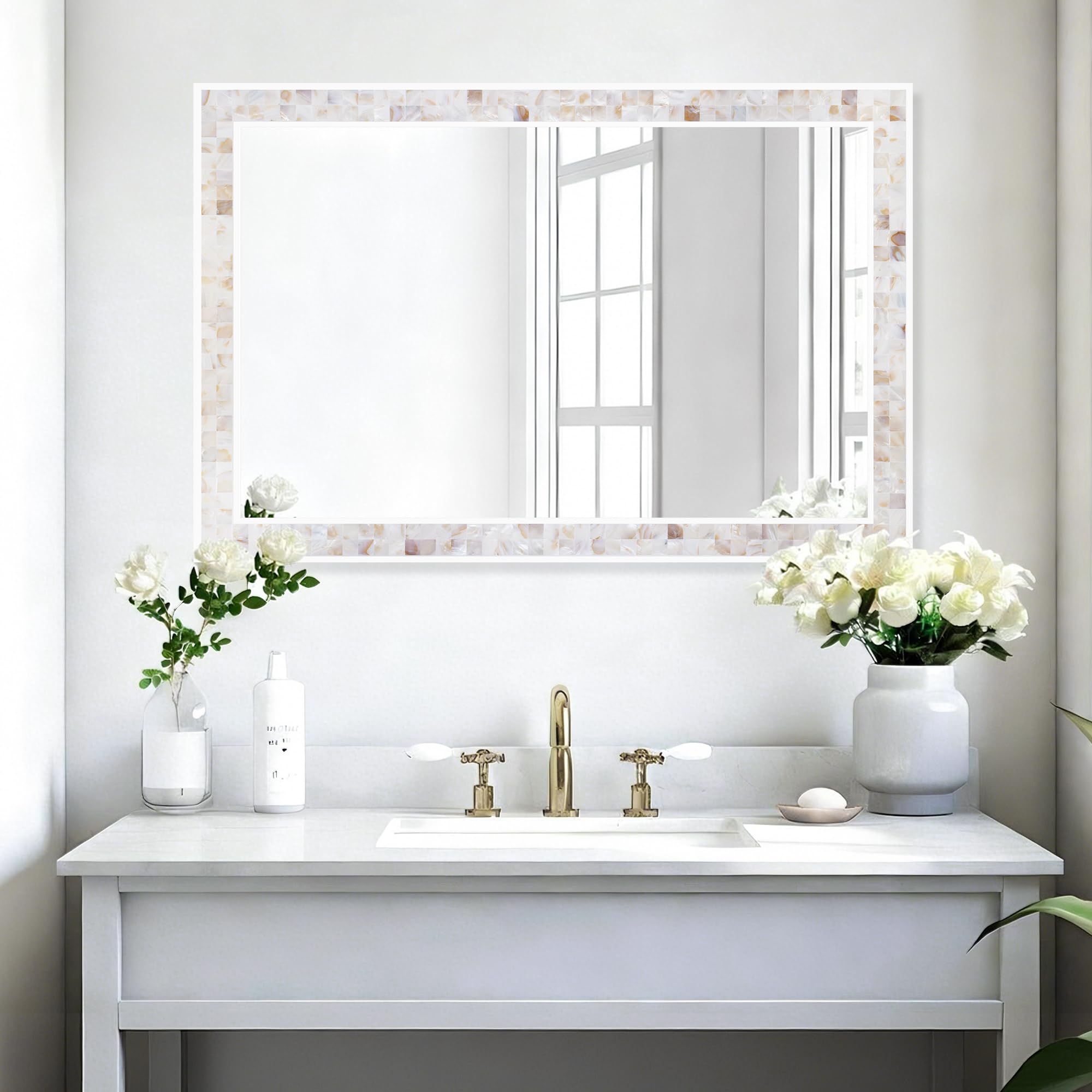 Tanmicoshomy Round Wall Mirror 24 Inch,Circle Mosaic Mirror with Natural Mother of Pearl and Wood Frame, Decorative Coastal Round Wall Mirror for Bathroom Bedroom Living Room Entryway