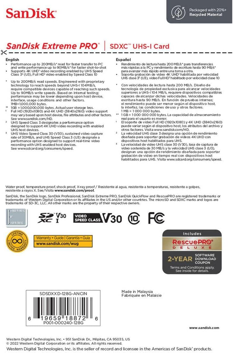Sandisk SDSDXXD-128G-ANCIN 128gb Extreme Pro Sd Flsh 200/140mb/s Rw C10 Uhs U3