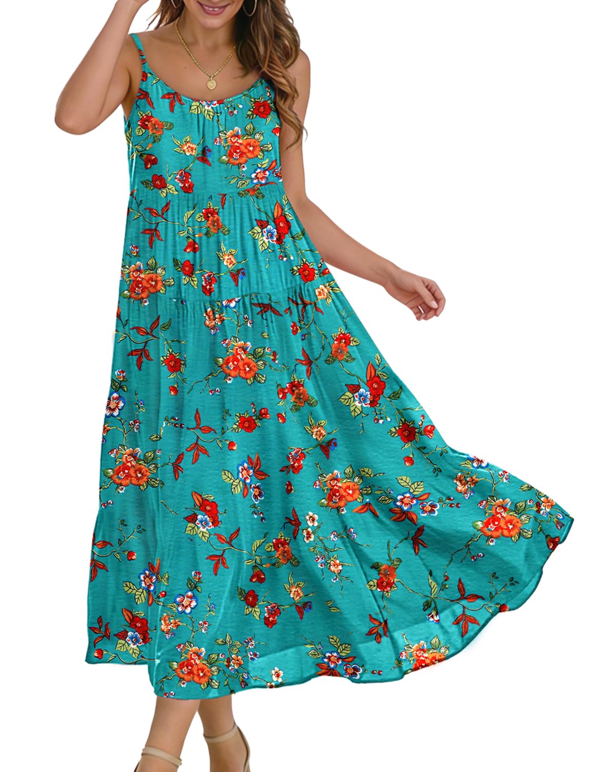 YESNO Summer Bohemian Floral Dresses for Women Spaghetti Straps Maxi Dress Casual Flowy Dresses with Pockets ES0