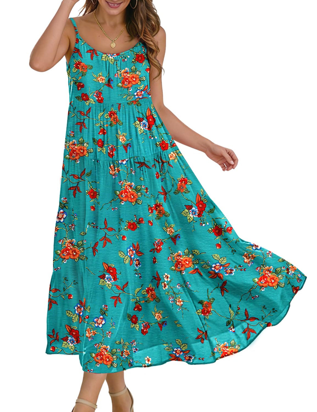 YESNO Summer Bohemian Floral Dresses for Women Spaghetti Straps Maxi Dress Casual Flowy Dresses with Pockets ES0