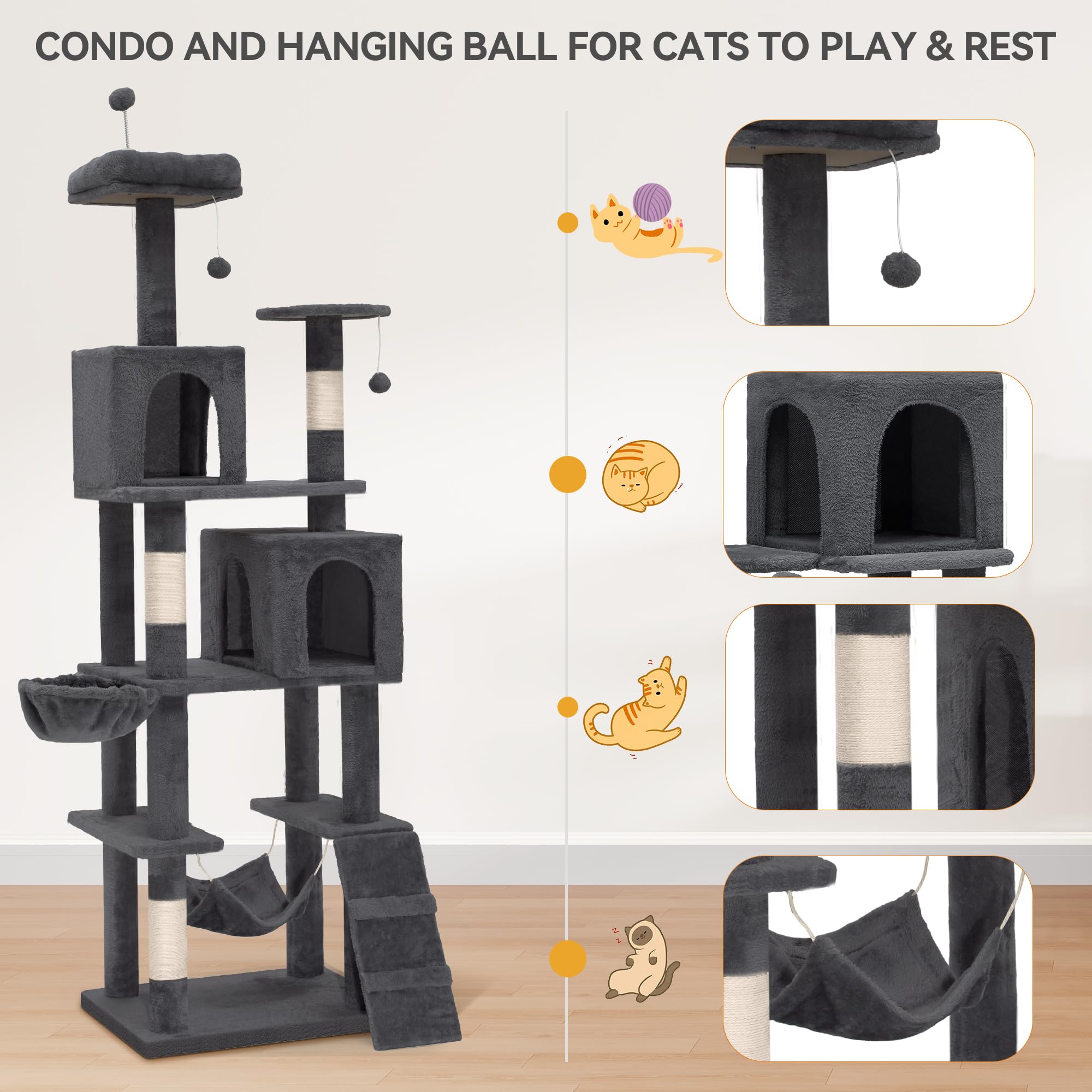 YITAHOME 44in Multi-Level Cat Tree for Indoor Kittens, Cat Furniture with Scratch Posts, Window Padded Plush Perch, Comfortable Hammock, and Interactive Pompoms, Beige