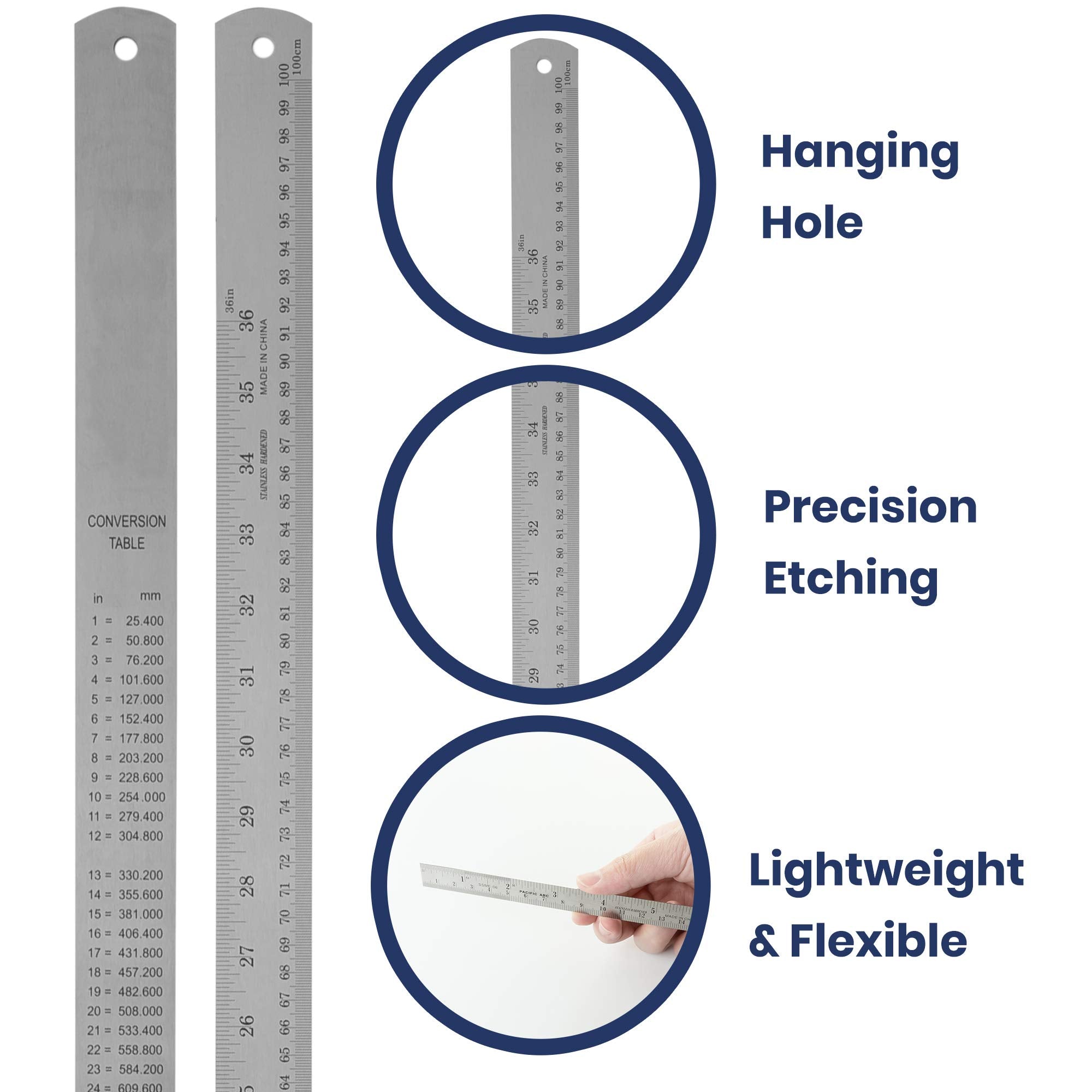 2 Pack Pacific Arc 12 Inch Stainless Steel Ruler with Inch/Metric Conversion Table