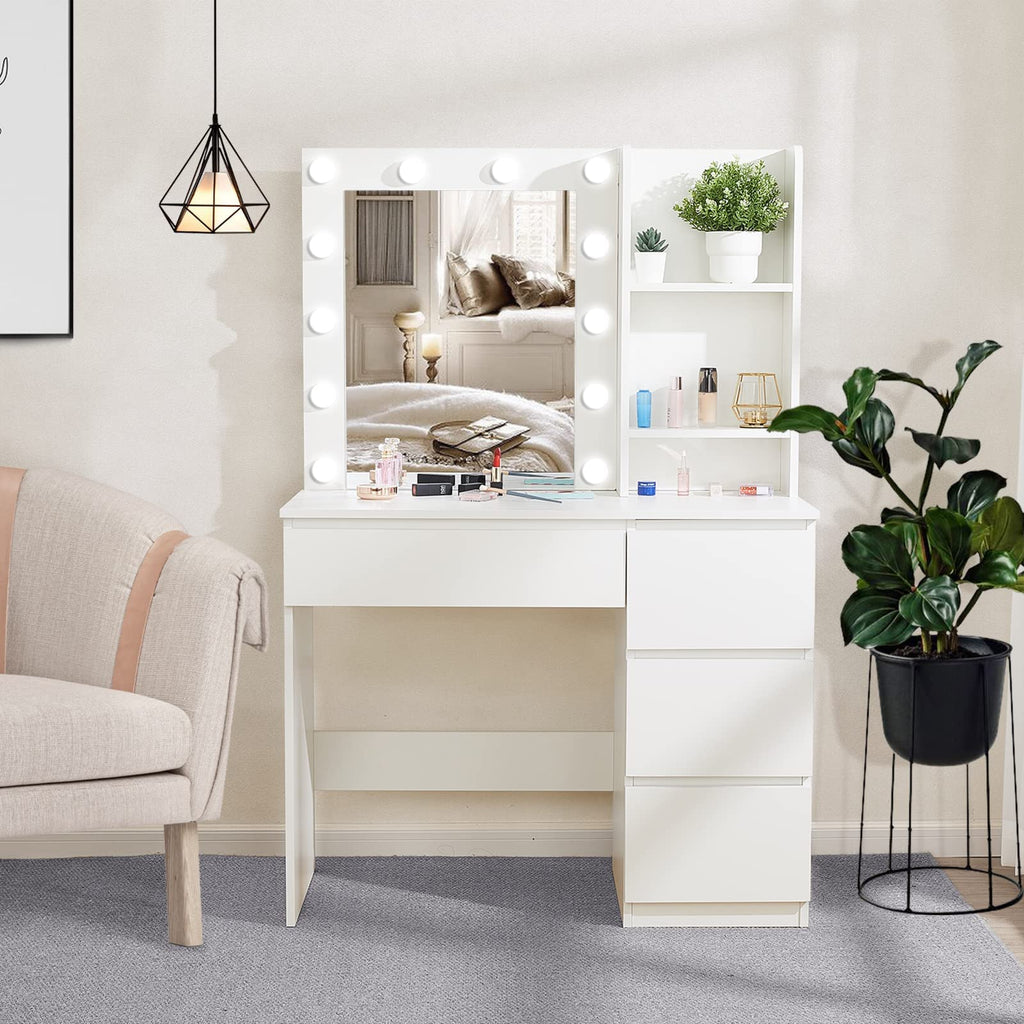 Vabches Makeup Vanity with Lights, 37inch Vanity Desk, 4 Large Drawers Dresser with Lighted Mirror, 3 Lighting Modes Brightness Adjustable, White