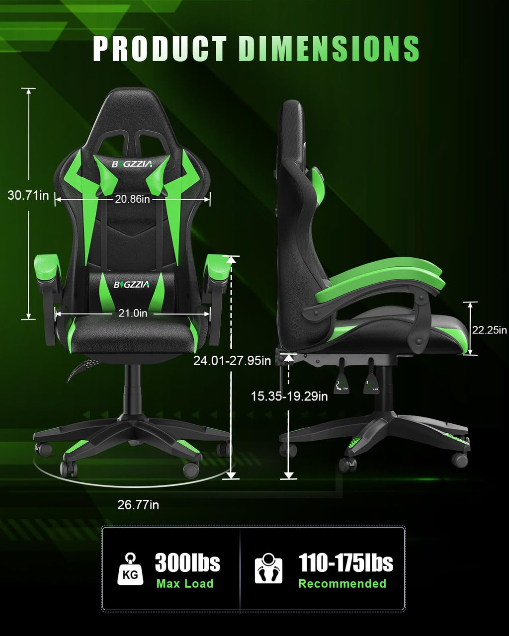 Bigzzia Gaming Chair with RGB LED Lights for Kids & Adults, High Back Ergonomic Computer Gamer Chair with Headrest and Lumbar Support, Racing Style Reclining Game Chair(Black)