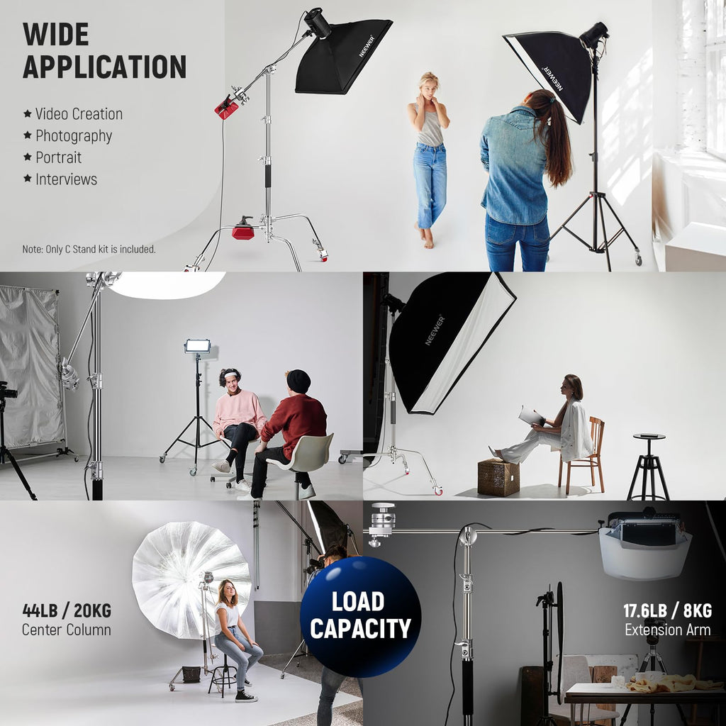 NEEWER Pro 100% Stainless Steel Heavy Duty C Stand with Boom Arm, Max Height 68"/172cm Photography Light Stand with 2.7ft/83cm Holding Arm, 2 Grip Head for Studio Monolight, Softbox, Reflector, SC172