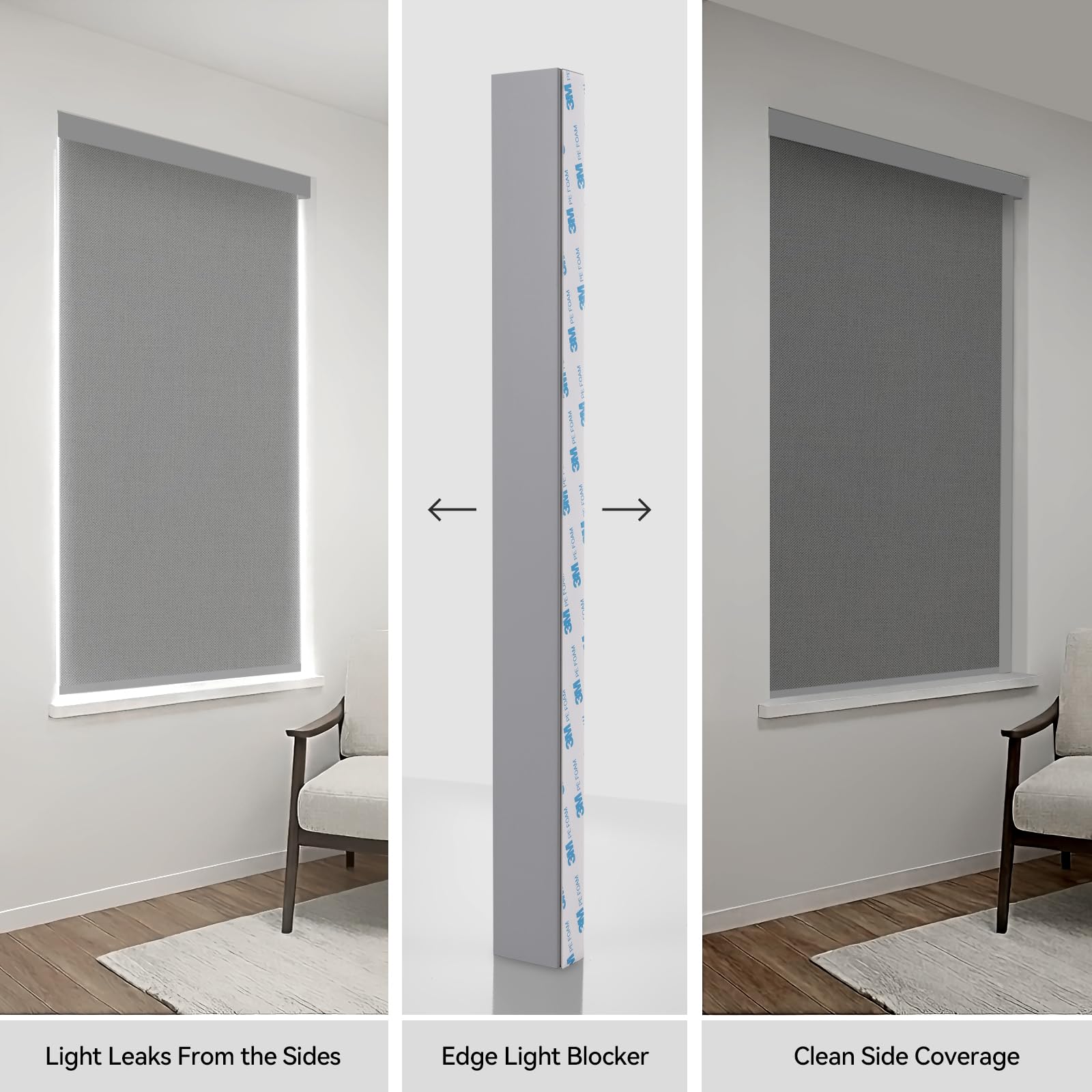 ZSTARR PVC Light Blockers Blackout Light Blockers Side Tracks for Window Shades Blinds Side Tracks for Blackout Shades Easy to Install Light Blocking Strips for Bedroom (Black, 58",2Pcs)