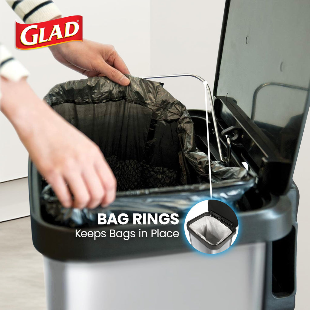 Glad 13 Gallon All Brushed Stainless Steel Trash Can with Clorox Odor Protection | Large Metal Kitchen Garbage Bin with Soft Close Lid, Garbage Bag Rings, Step On Foot Pedal and Waste Bag Roll Holder