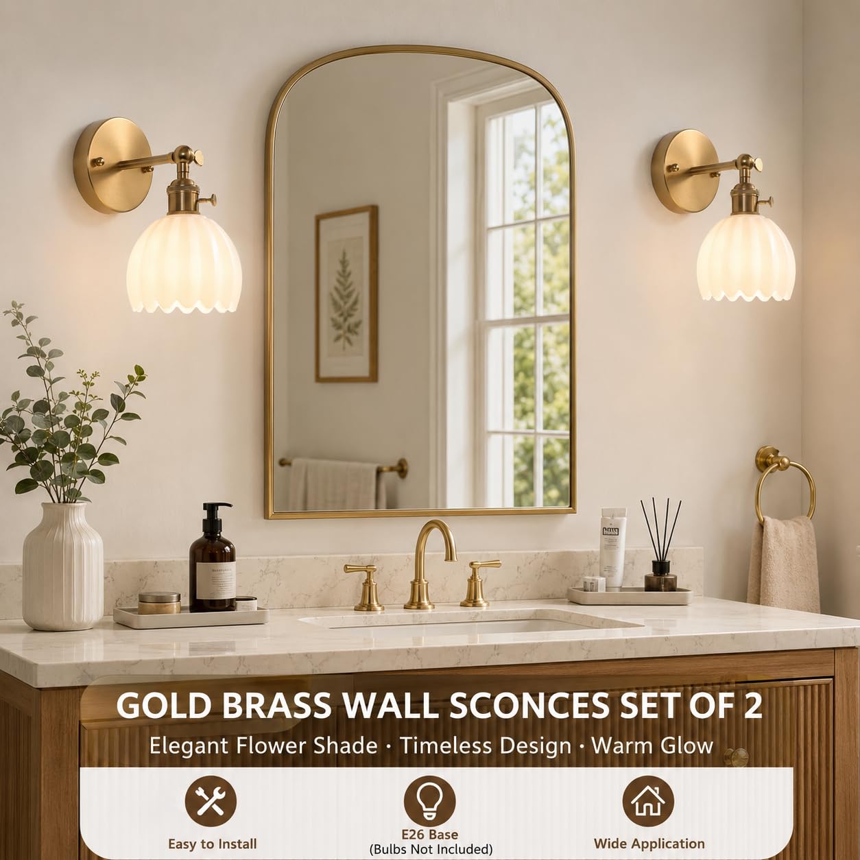 1-Light Gold Brass Bathroom Light Fixture,Wall Sconces set of 2,Brushed Gold Vanlity Light Over Mirror,Bathroom Vanity Light with White Tulip Glass Flower Shade,E26 Socket(Bulbs Not Included)