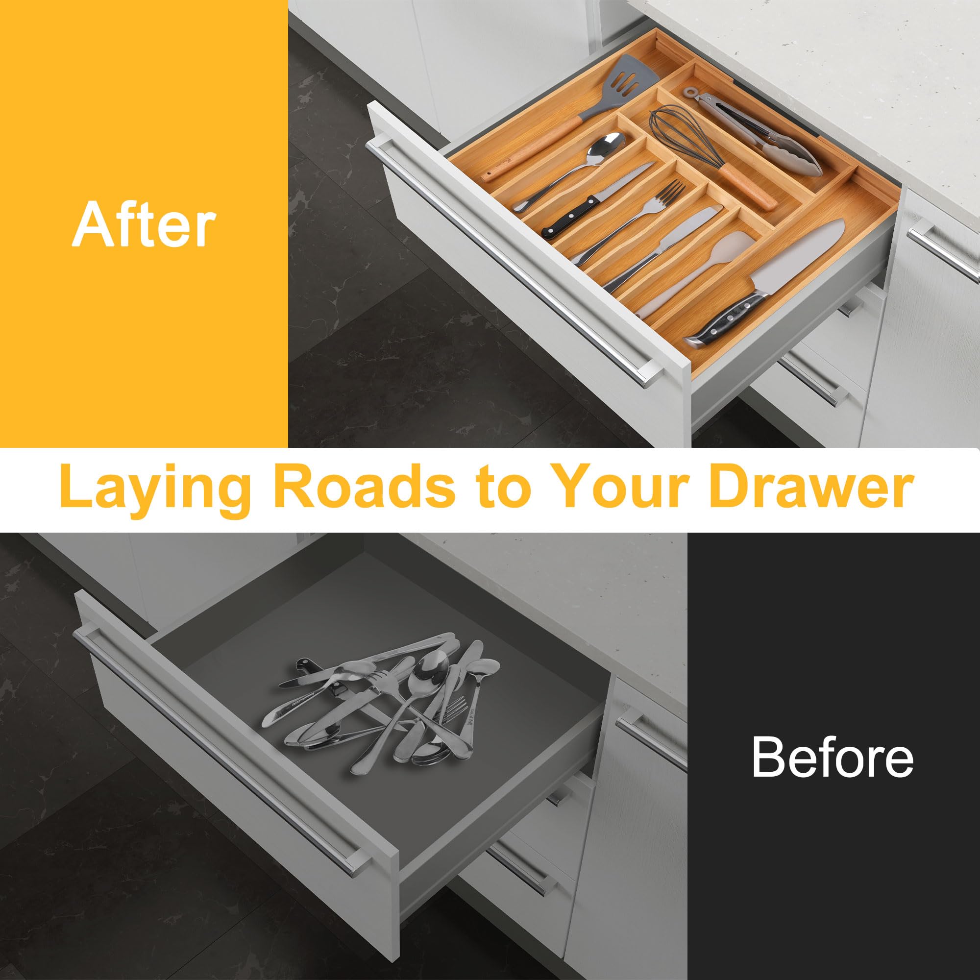 Expandable Acacia Kitchen Drawer Organizer for Cutlery and Utensils, Adjustable Acacia Wood Cutlery Tray in Drawer for Flatware and Silverware in Kitchen