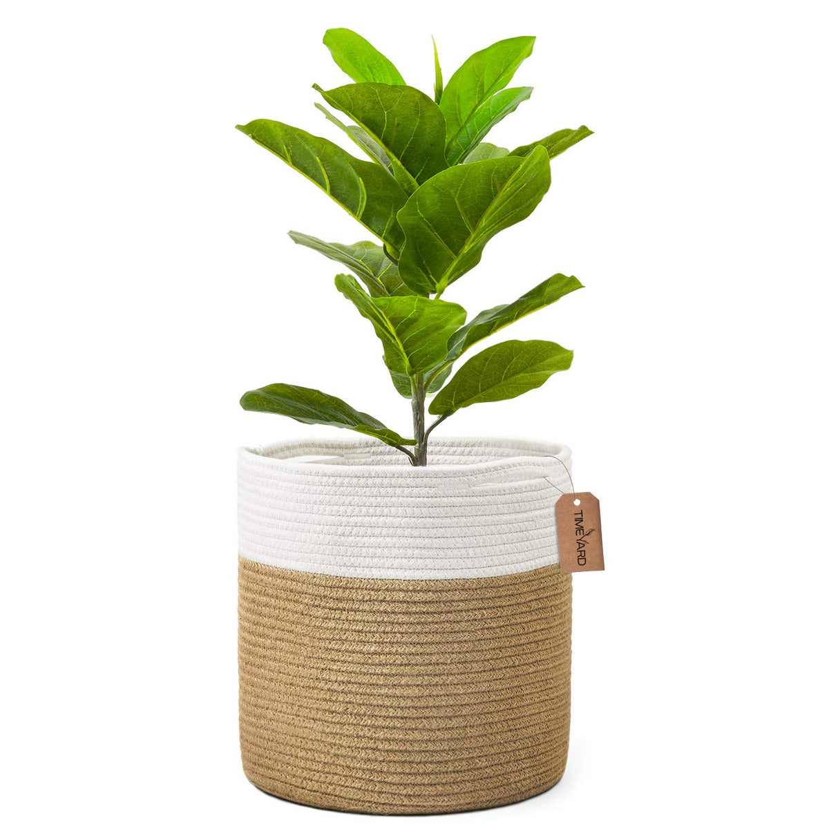 TIMEYARD Sturdy Jute Rope Plant Basket Modern Woven Basket up to 7.5 Inch Flower Pot Floor Indoor Planters, 8” x 8” Storage Organizer Baskets Rustic Home Decor, Black Stripes