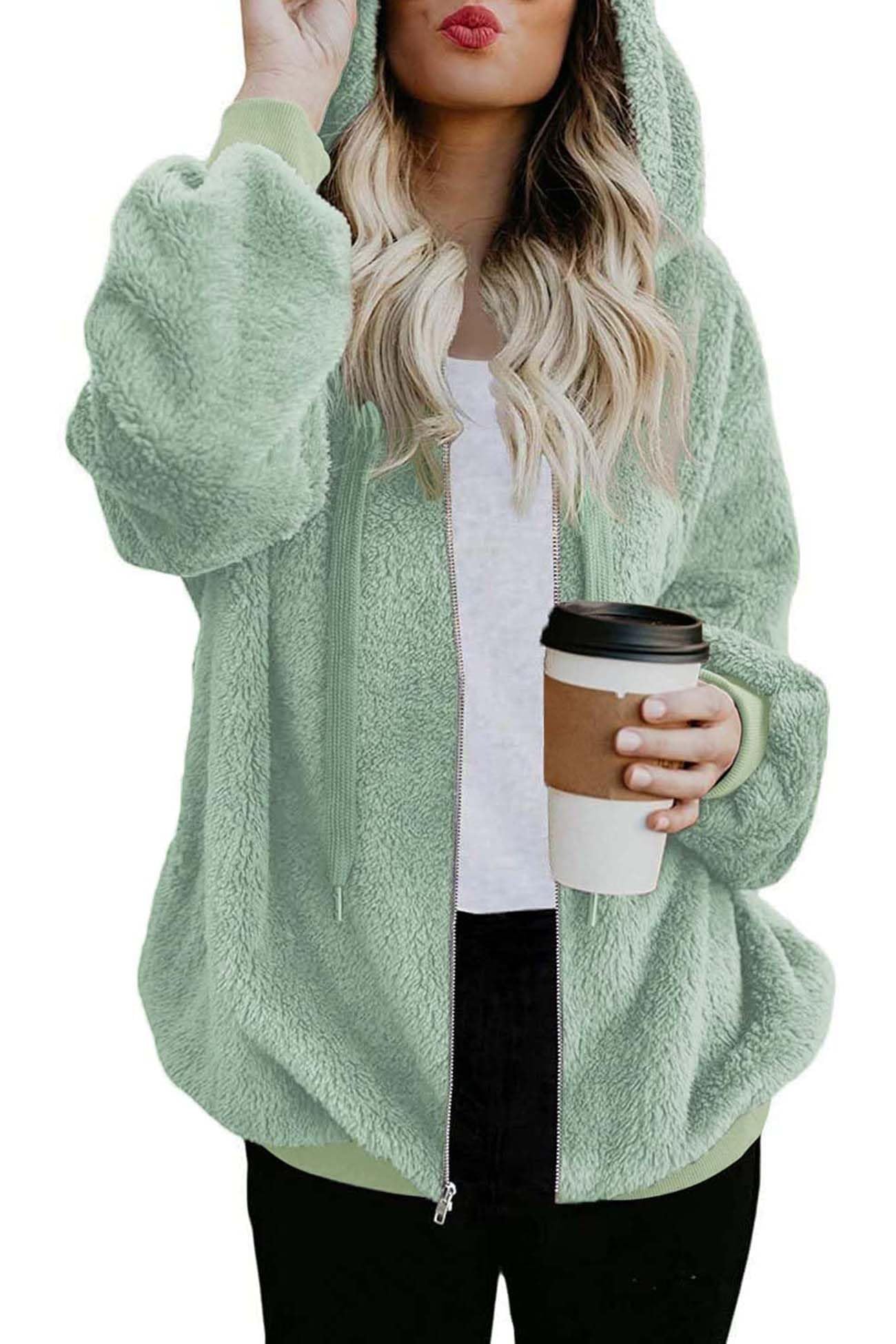ReachMe Womens Oversized Sherpa Jacket Fuzzy Fleece Zip Up Hoodies with Pockets Warm Fall Outfits Winter Coats