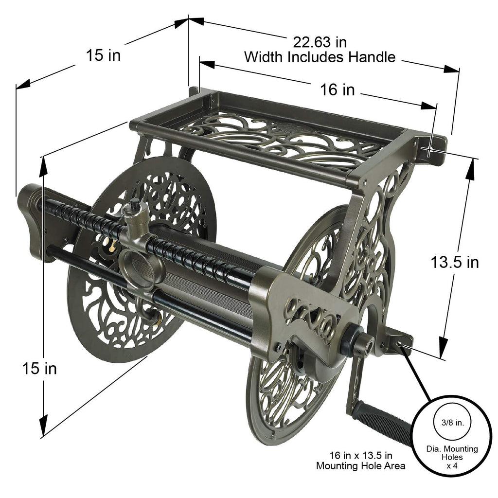 Liberty GARDEN 704 Decorative Cast Aluminum Wall Mount Garden Hose Reel, Holds 125-Feet of 5/8-Inch Hose - Bronze