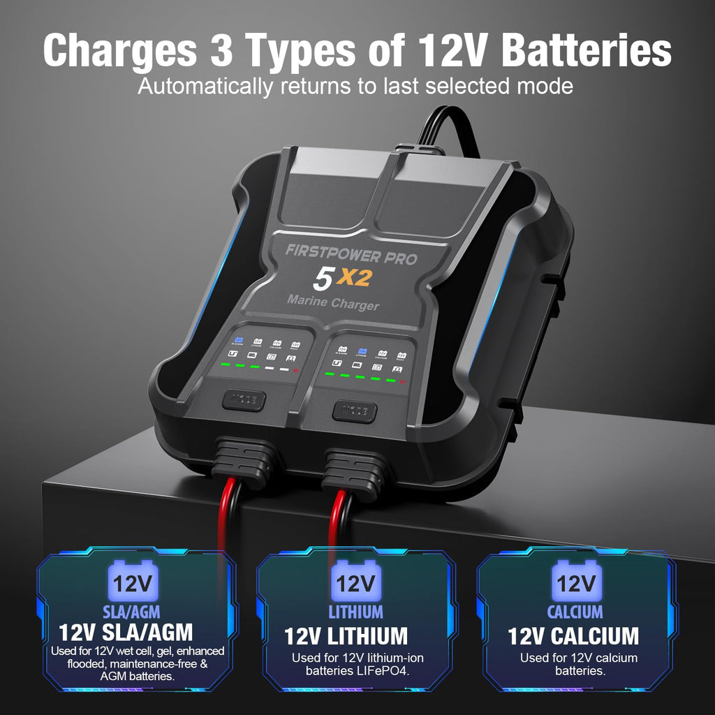 Marine Battery Charger 5X1: 1-Bank, 5A Onboard Battery Charger - 5A Per Bank, 12V Waterproof Boat Batter Charger for SLA/AGM, Lithium, Calcium - Charged 24/7