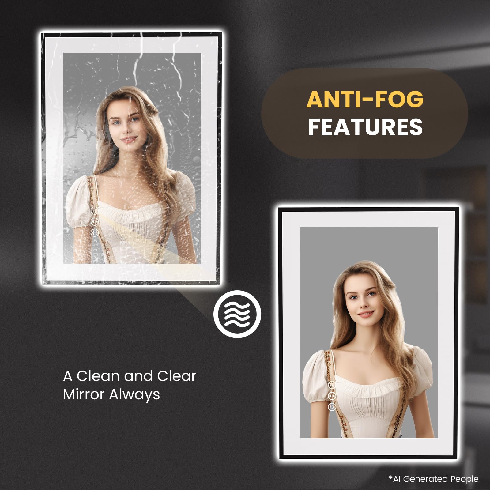 LOAAO 20"X28" LED Bathroom Mirror Black Framed | Anti-Fog, Dimmable, Memory Function, Tempered Glass, Lighted Vanity Mirror for Wall