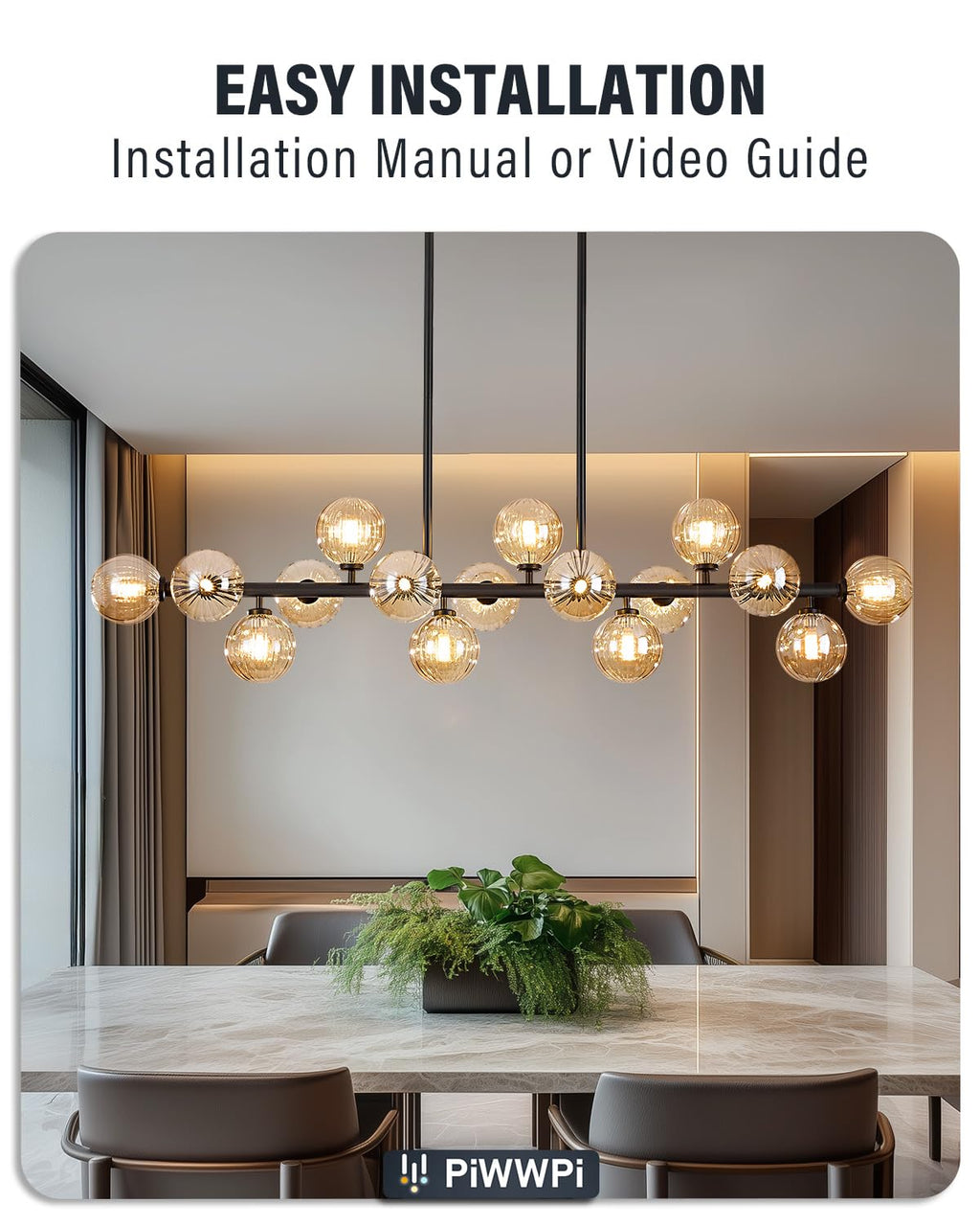 Modern Linear Chandeliers for Dining Room, 8-Light Globe Sputnik Pendant Ceiling Light, Black Dining Room Light Fixture Over Table, Mid Century Glass Milk White Bubble, 31.5 Inch, GC-09