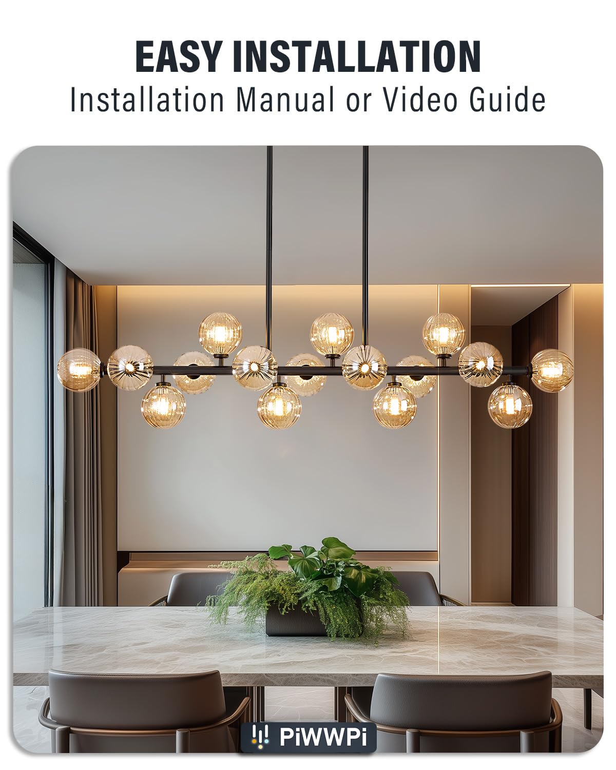Modern Linear Chandeliers for Dining Room, 8-Light Globe Sputnik Pendant Ceiling Light, Black Dining Room Light Fixture Over Table, Mid Century Glass Milk White Bubble, 31.5 Inch, GC-09