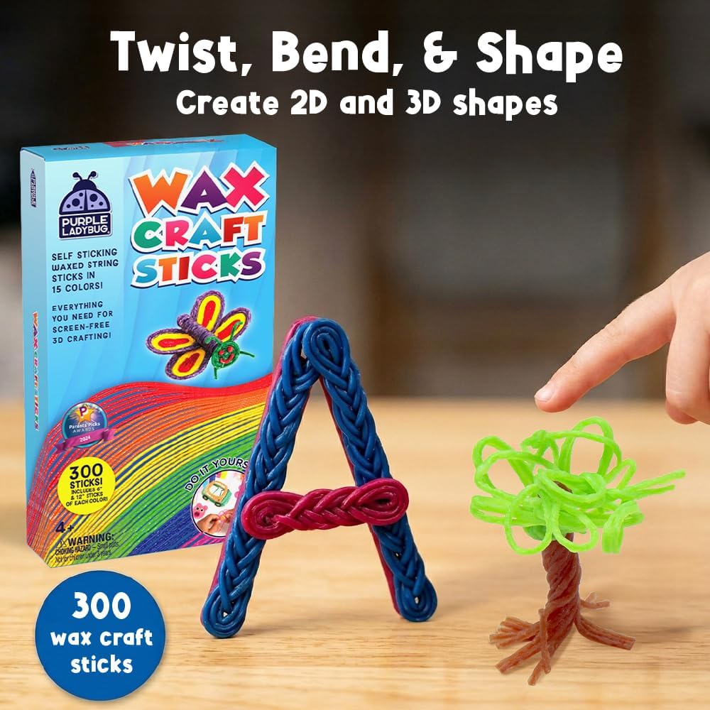 PURPLE LADYBUG 300 PCS Bendable Wax Craft Sticks in 2 Lengths - 6" and 12" Strips in 15 Colors Each, Mess-Free Road Trip Activity for Kids, Travel Toys for Car & Airplane for Kids Ages 4+