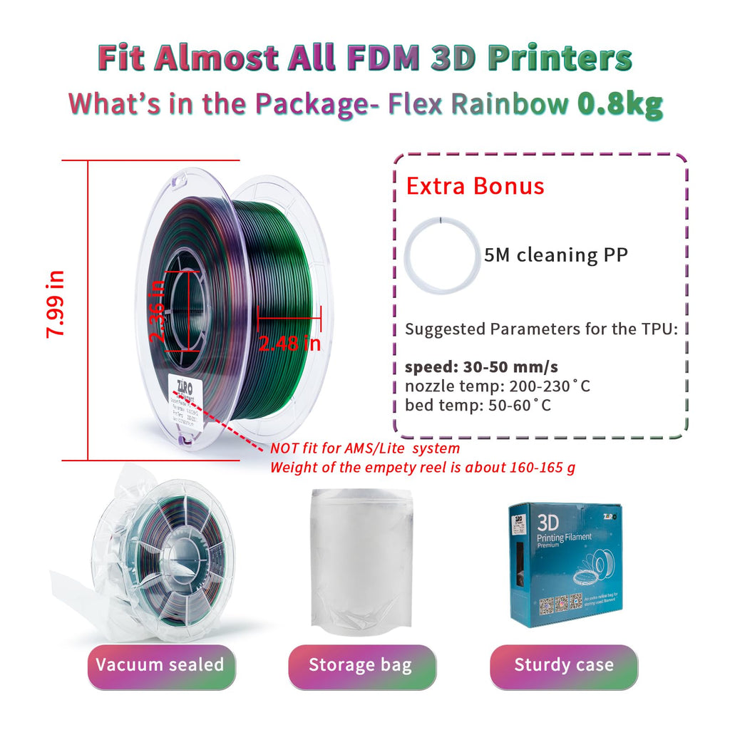ZIRO TPU Filament 1.75mm 3D Printer Filament, Shore 95A Hardness TPU, Flexible Soft Material, 0.8KG/1.8lbs Spool, Fit Most FDM 3D Printers, Black
