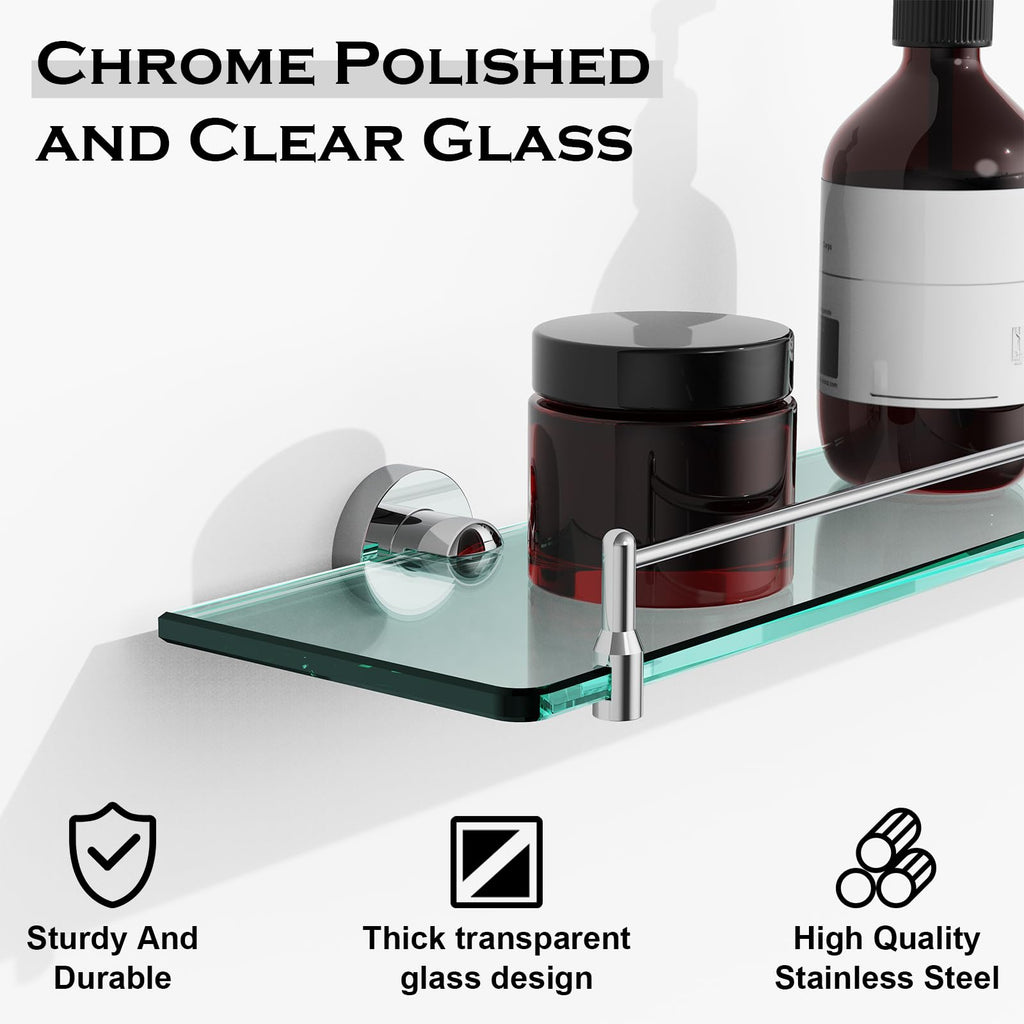 Glass Bathroom Shelves,Brushed Gold Floating Shelves for Wall Rectangular Modern Stainless Steel Glass Shelf for Bathroom Shelves wall Mounted 16 Inch