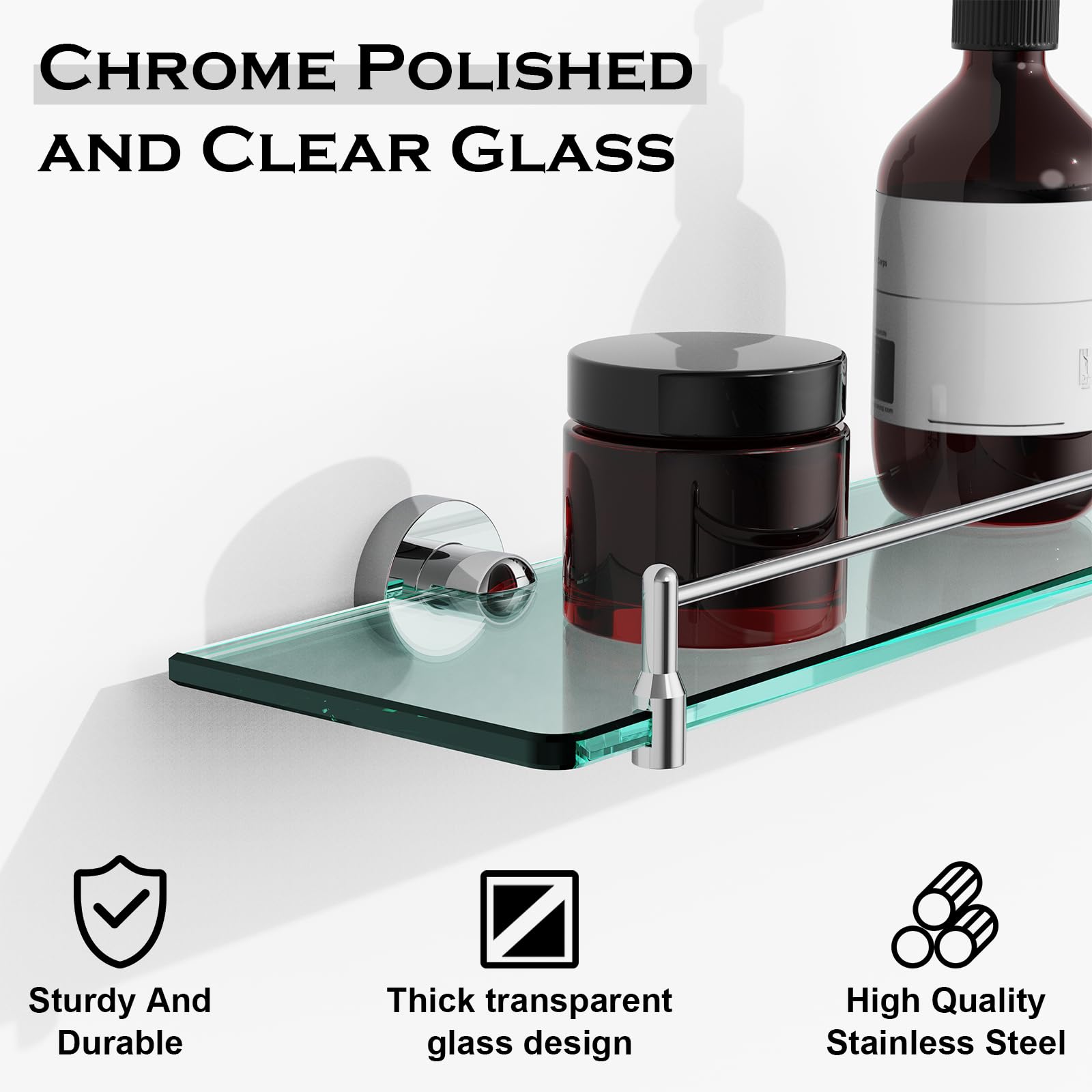 Glass Bathroom Shelves,Brushed Gold Floating Shelves for Wall Rectangular Modern Stainless Steel Glass Shelf for Bathroom Shelves wall Mounted 16 Inch