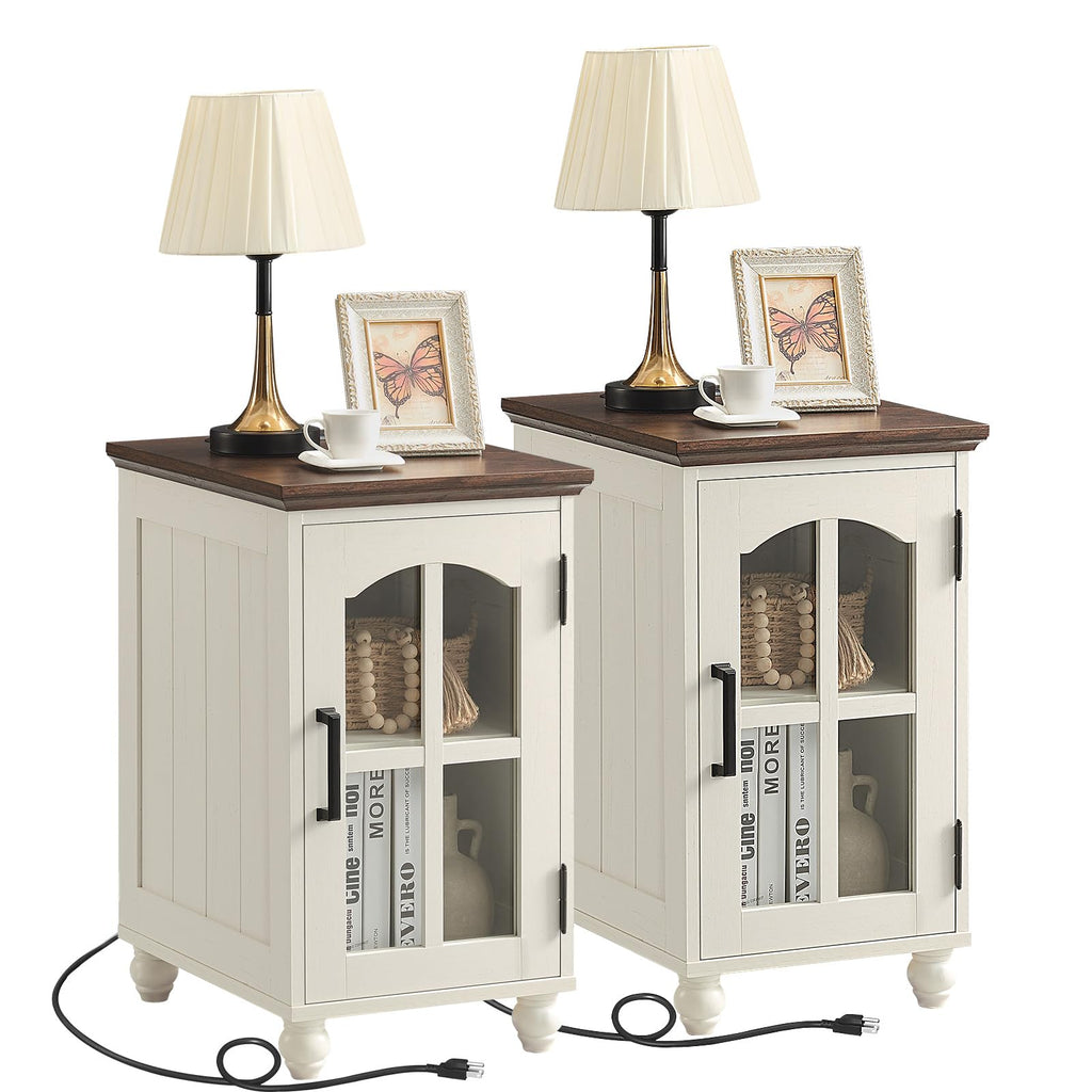 Narrow Side Table,Farmhouse Nightstand with Charging Station,Wood End Table with Glass Barn Door Storage, Cabinet Organizer with Adjustable Shelf, Night Stand for Small Spaces for Living Room Bedroom