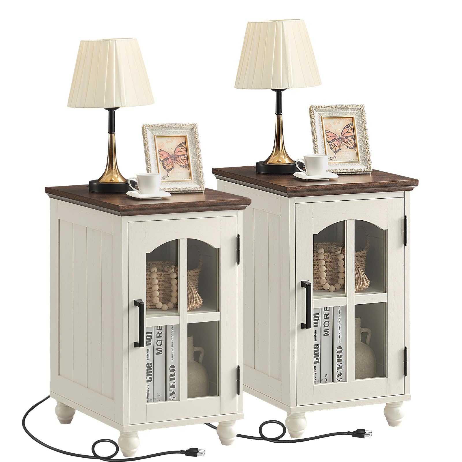 Narrow Side Table,Farmhouse Nightstand with Charging Station,Wood End Table with Glass Barn Door Storage, Cabinet Organizer with Adjustable Shelf, Night Stand for Small Spaces for Living Room Bedroom