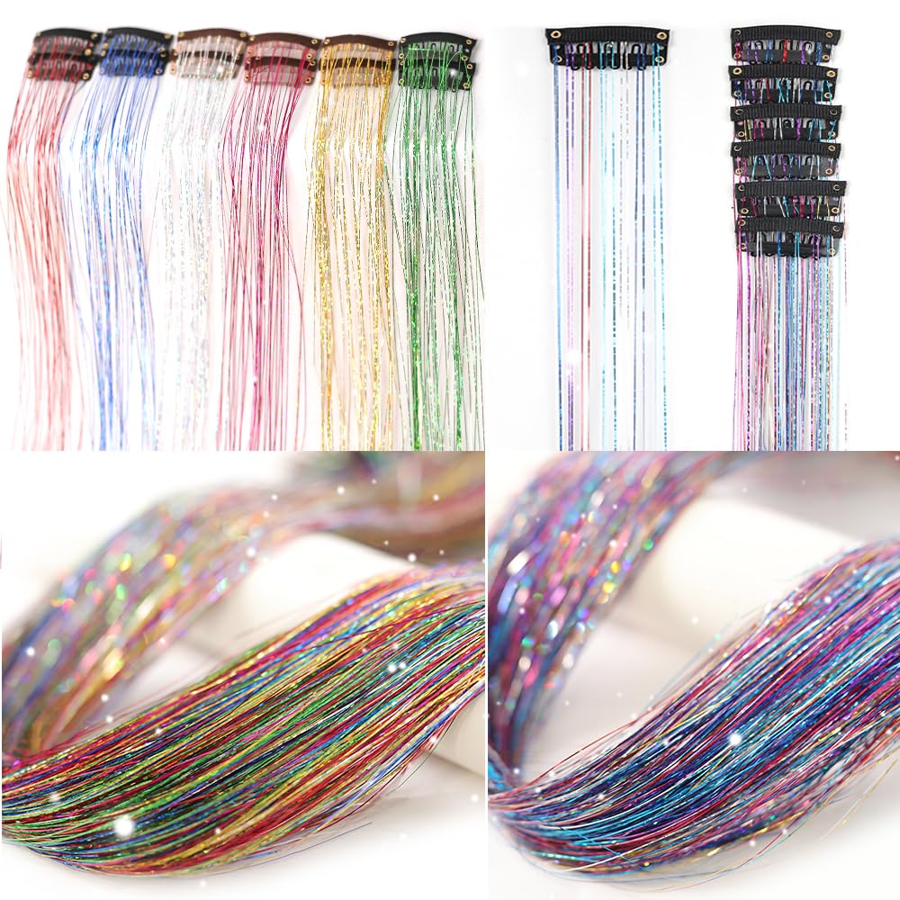 Clip in Hair Tinsel, Pack of 12 Pcs 20 Inch,Glitter Tinsel Hair Extensions, Festival Tinsel Fairy Hair Extension Party Dazzle Hair Accessories Strands Kit for Women Girls(12Pcs,Black#)