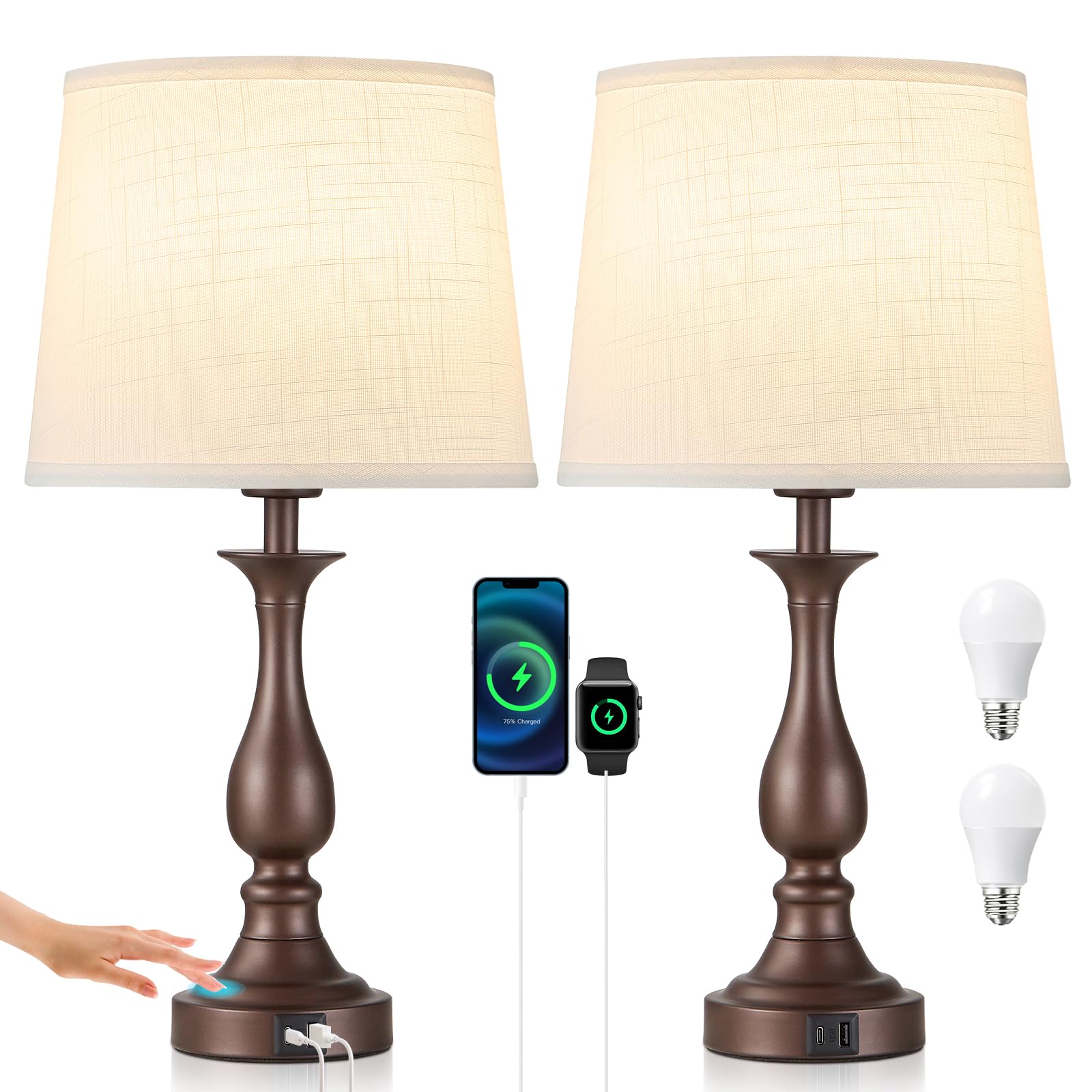 Bedside Table Lamp Touch Control Bedroom Lamps with USB A and C Charging Port 3 Way Dimmable Touch Lamps for Nightstand Living Room Bedroom Dorm Home Office Reading, Set of 2