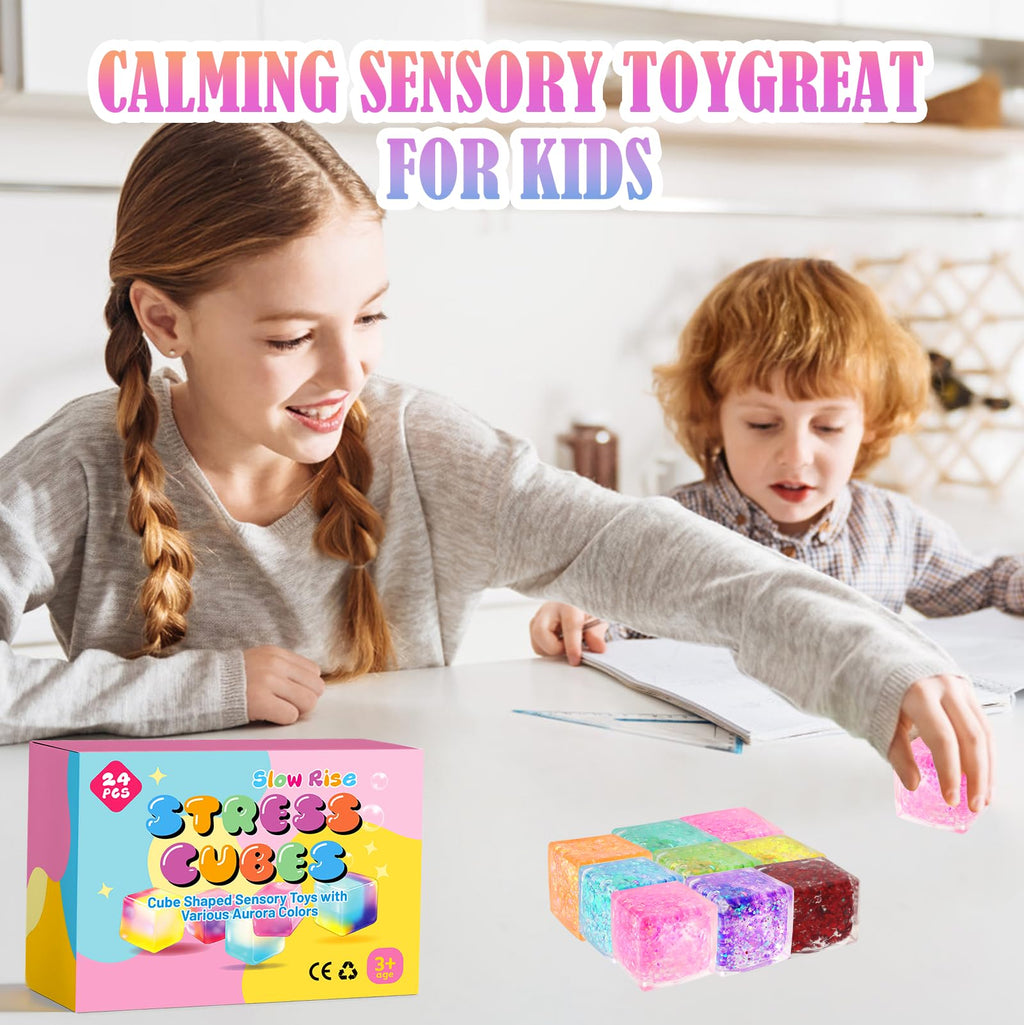 24 Pack Slow Rising Ice Cube Squishy Stress Balls，Stress Cube for Adults Kids , Bulk Taba Squish Fidget Toys, Square Squeeze Toy for Classroom Prizes, Mini Nice Cube Squishy for Party Favors