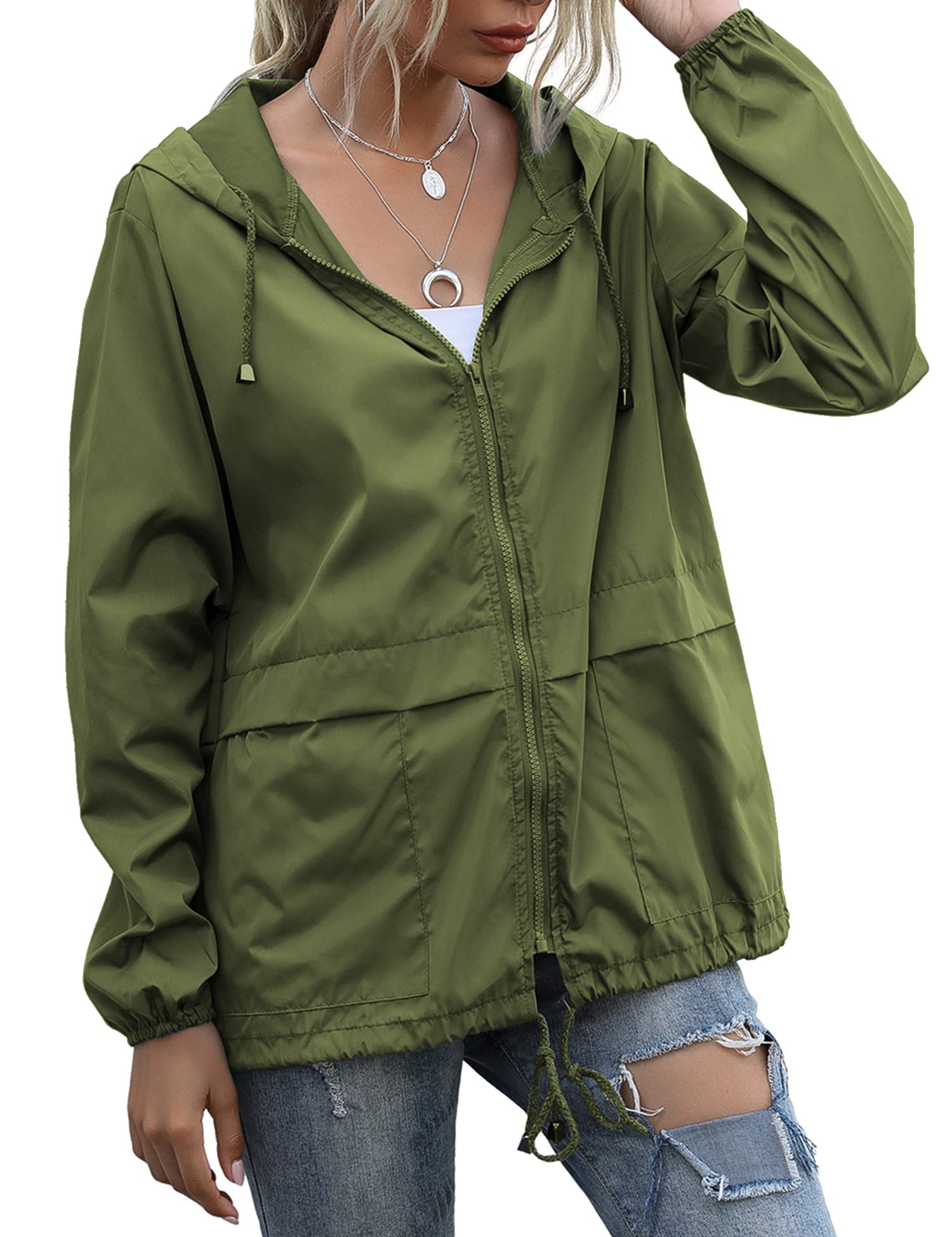 Women's Raincoats Lightweight Waterproof Windproof Adjustable Windbreaker Rain Jackets Hooded with Pockets S-XXL