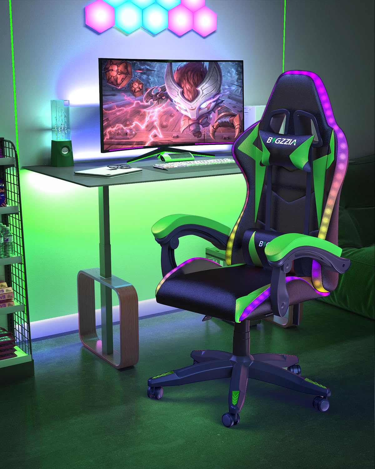 Bigzzia Gaming Chair with RGB LED Lights for Kids & Adults, High Back Ergonomic Computer Gamer Chair with Headrest and Lumbar Support, Racing Style Reclining Game Chair(Black)