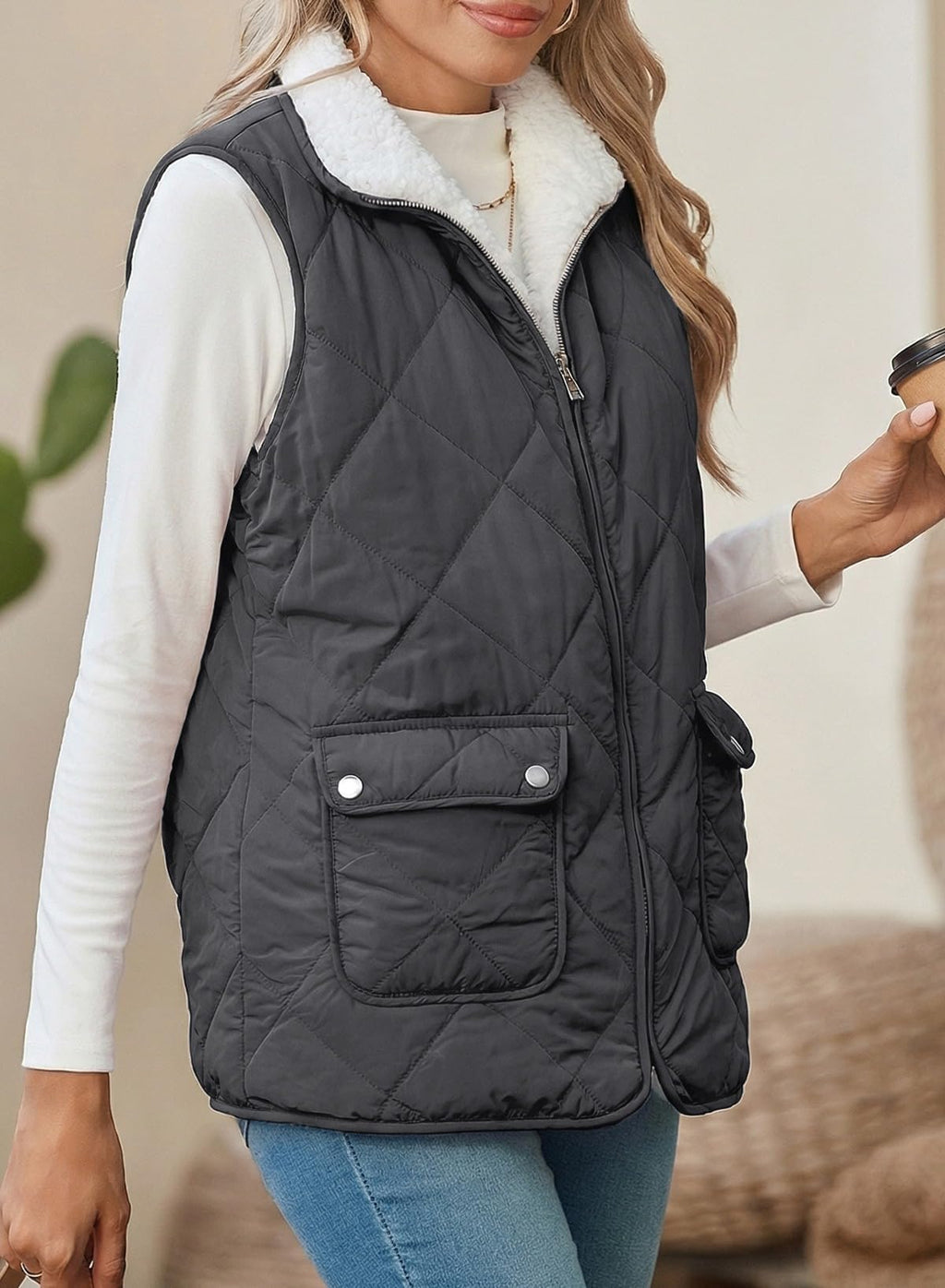 SHEWIN Women Puffer Vest Casual Stand Collar Sleeveless Puffer Jacket Warm Winter Reversible Zip Up Outerwear with Pockets