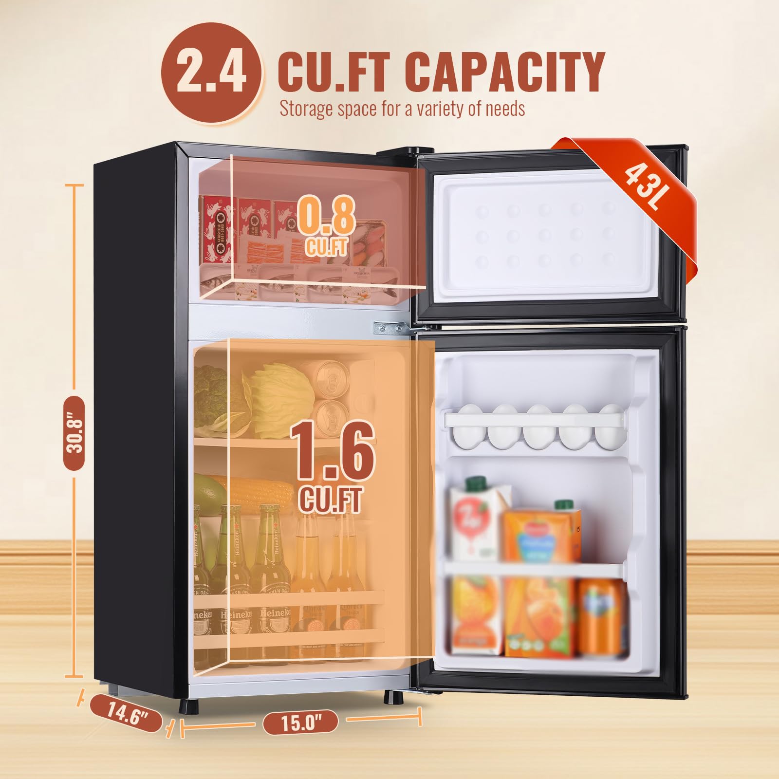 DEMULLER Mini Fridge with Double Doors Small Refrigerator with Separate Freezer & 7 Adjustable Temperature Control, Tiny Size & Personal Fridge Ideal for Office Apartment Dorm Black
