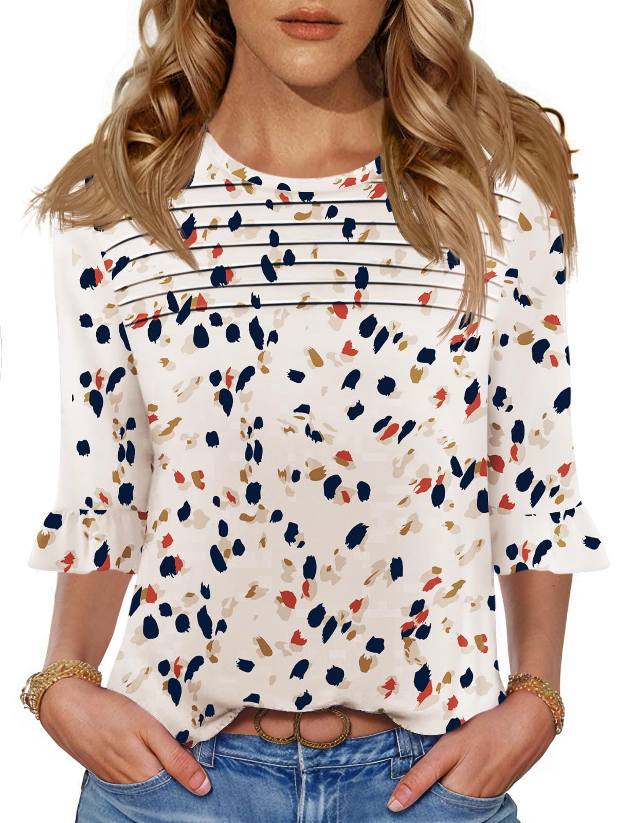Blingfit Womens Tops 3/4 Length Sleeve Dressy Casual Shirts Bell Sleeve Front Pleated Fasion Trendy Summer Blouses 2026