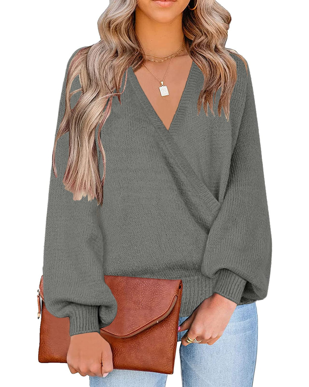 LookbookStore Women's Knit Long Sleeve Faux Wrap Surplice V Neck Sweater Top