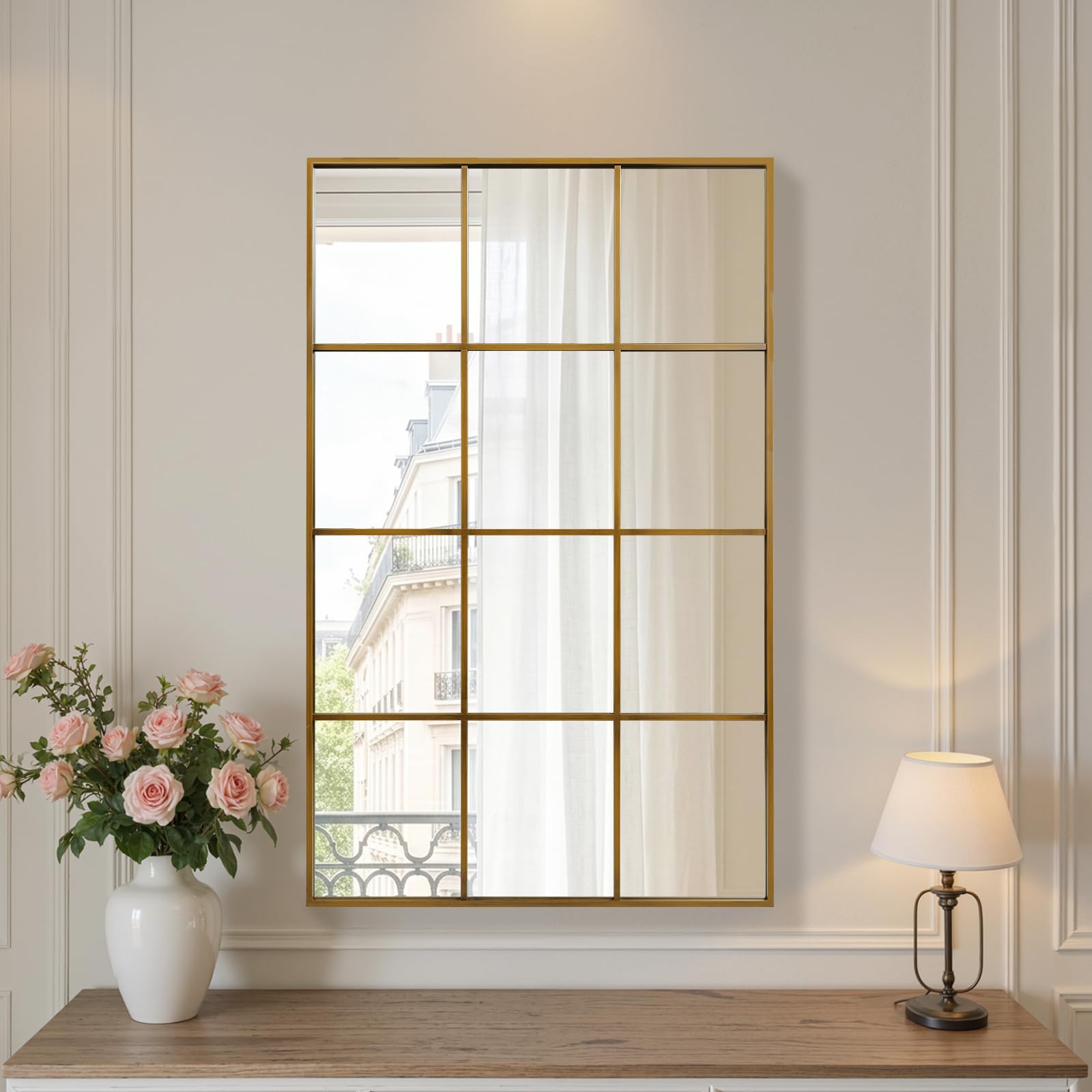 Anpark Arched Windowpane Wall Mirror 24"x36" Black Wall Mounted Art Pane Mirror Farmhouse Decorative Mirror Leaning Hanging Wall Mirror for Bedroom Living Room Entrance Hallway Wall Decor