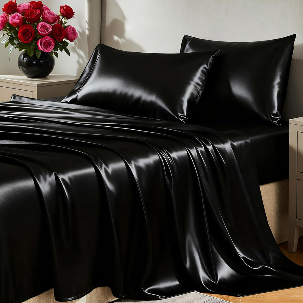 CozyLux Satin Sheets Twin Sheet Set - Silky Soft Bedding Similar to Silk, 3 Piece Sheets for Hair and Skin, Deep Pocket with All-Around Elastic, Home Decor for Bedroom, Black