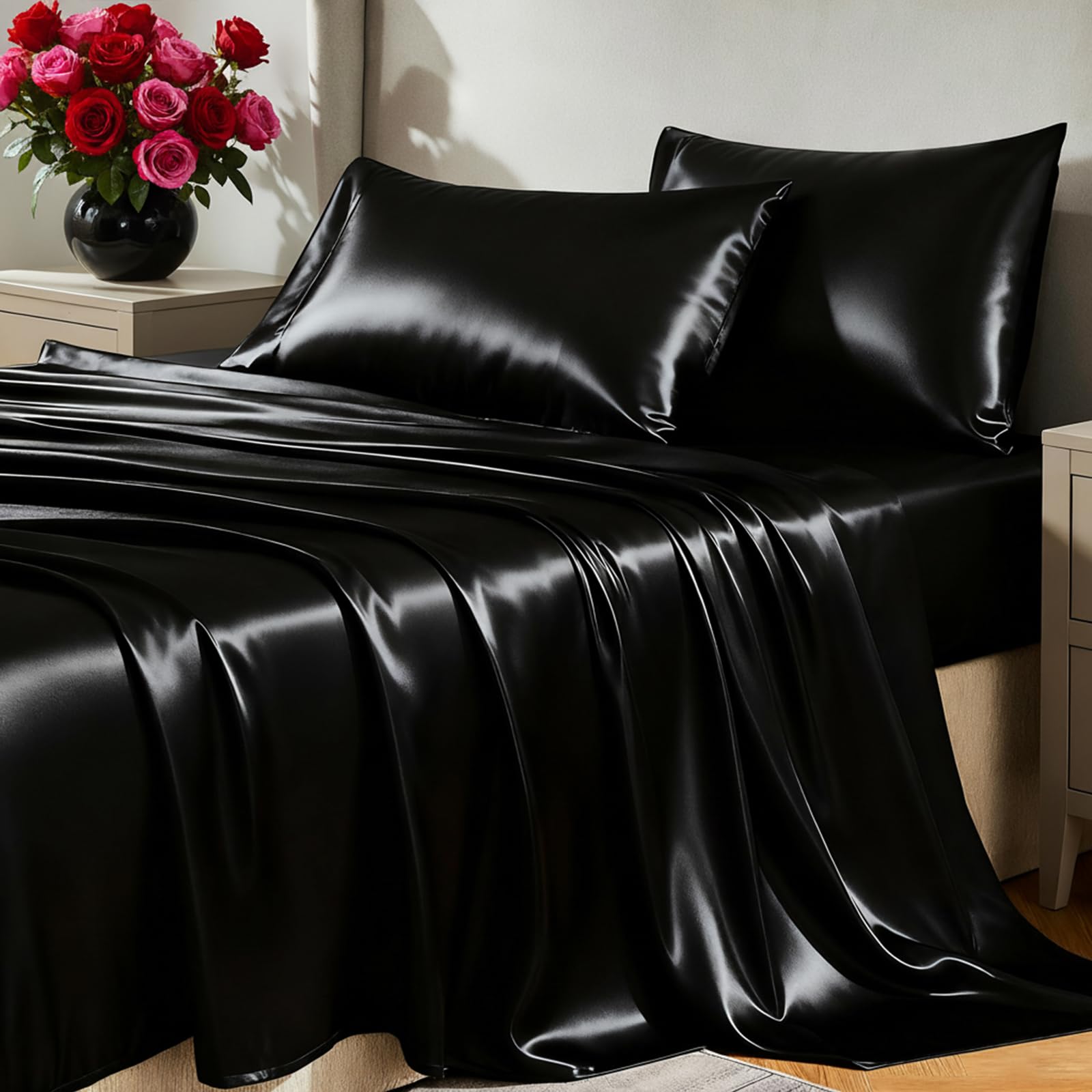 CozyLux Satin Sheets Twin Sheet Set - Silky Soft Bedding Similar to Silk, 3 Piece Sheets for Hair and Skin, Deep Pocket with All-Around Elastic, Home Decor for Bedroom, Black