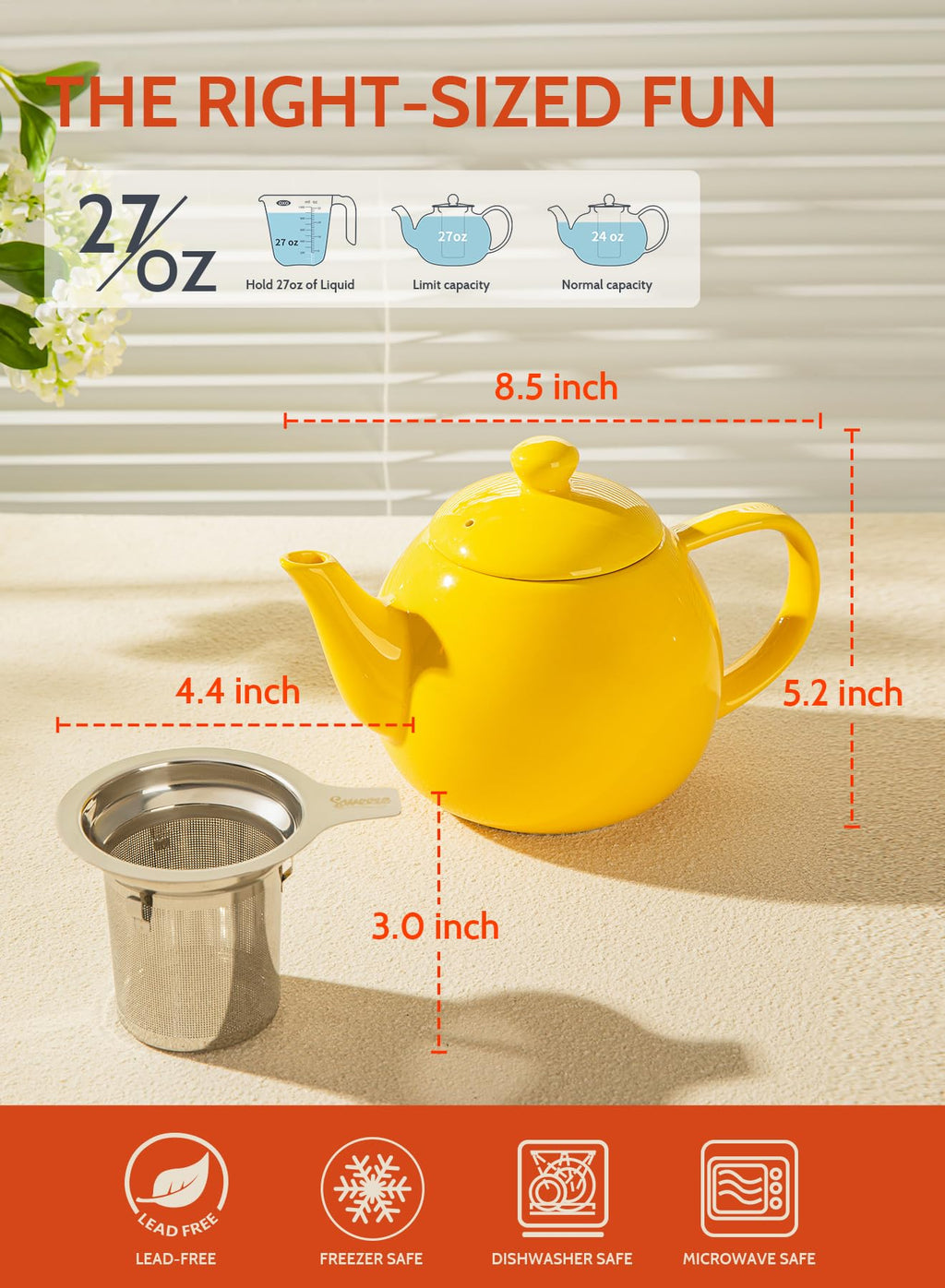 Sweese Porcelain Teapot 27 oz with Infuser for Loose Leaf Tea, Bluish Grey