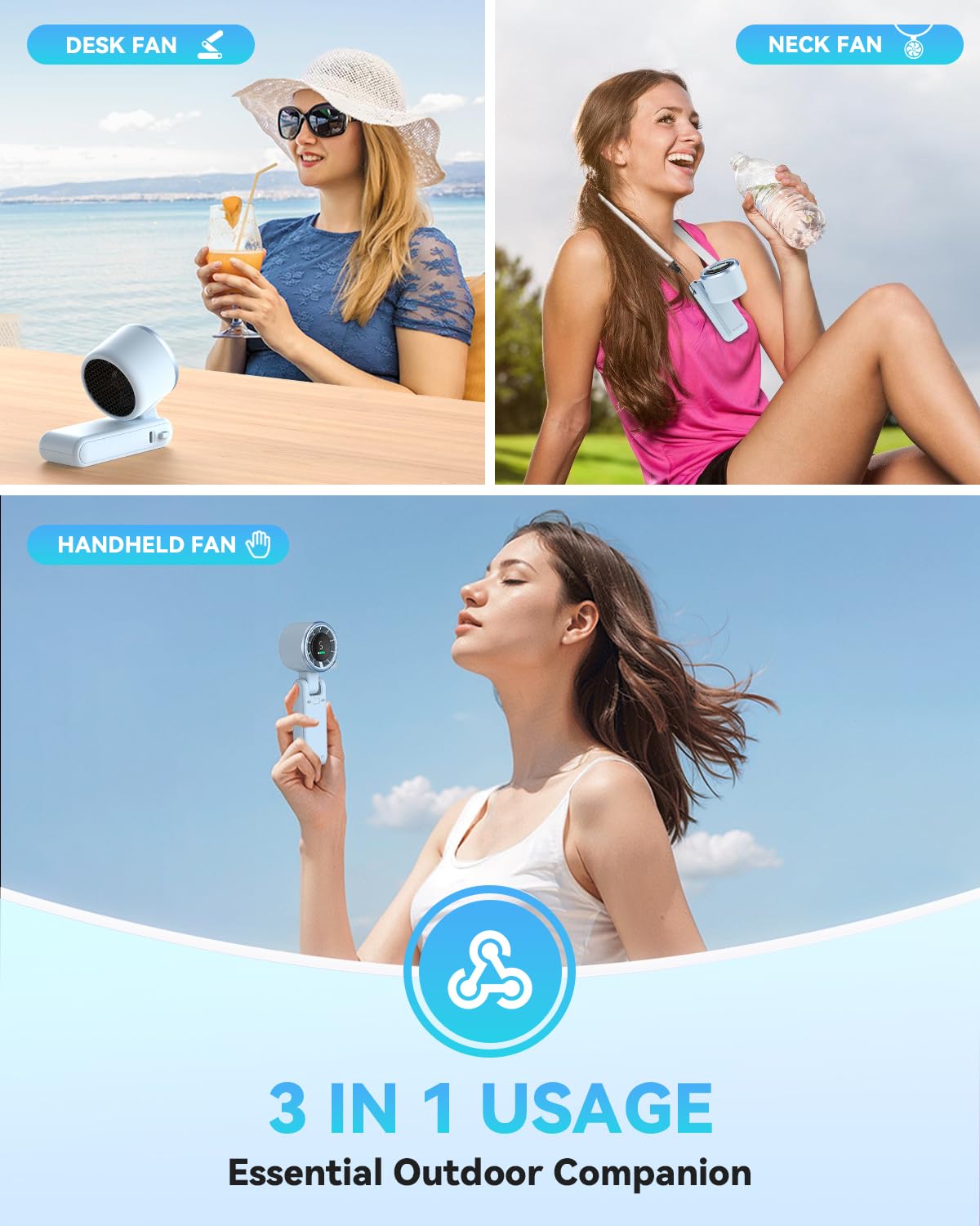 PlayHot Portable Handheld Turbo Fan, 5 Gear Wind, USB-C Rechargeable Fan, Up to 12 Working Hours, 3 IN 1 Hand Fans with Air Turbo Tech Cooling Fan for Outdoor Activities, Travel, Beach (Black)