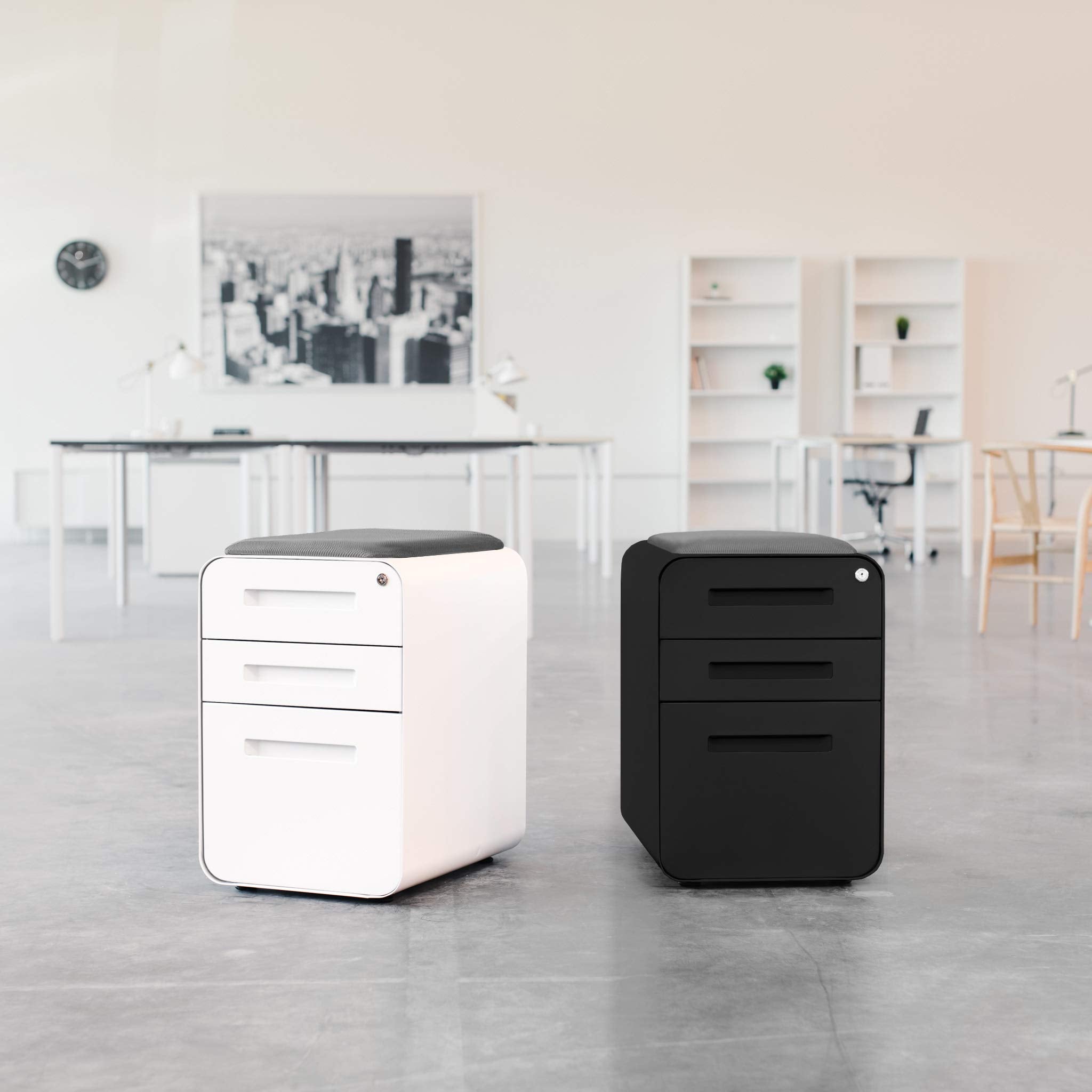 Laura Davidson Furniture STOCKPILE Curve Seated 3-Drawer Mobile File Cabinet with Removable Magnetic Cushion Seat - Metal Filing Cabinet, Pre-Assembled, Black with Dark Grey Cushion