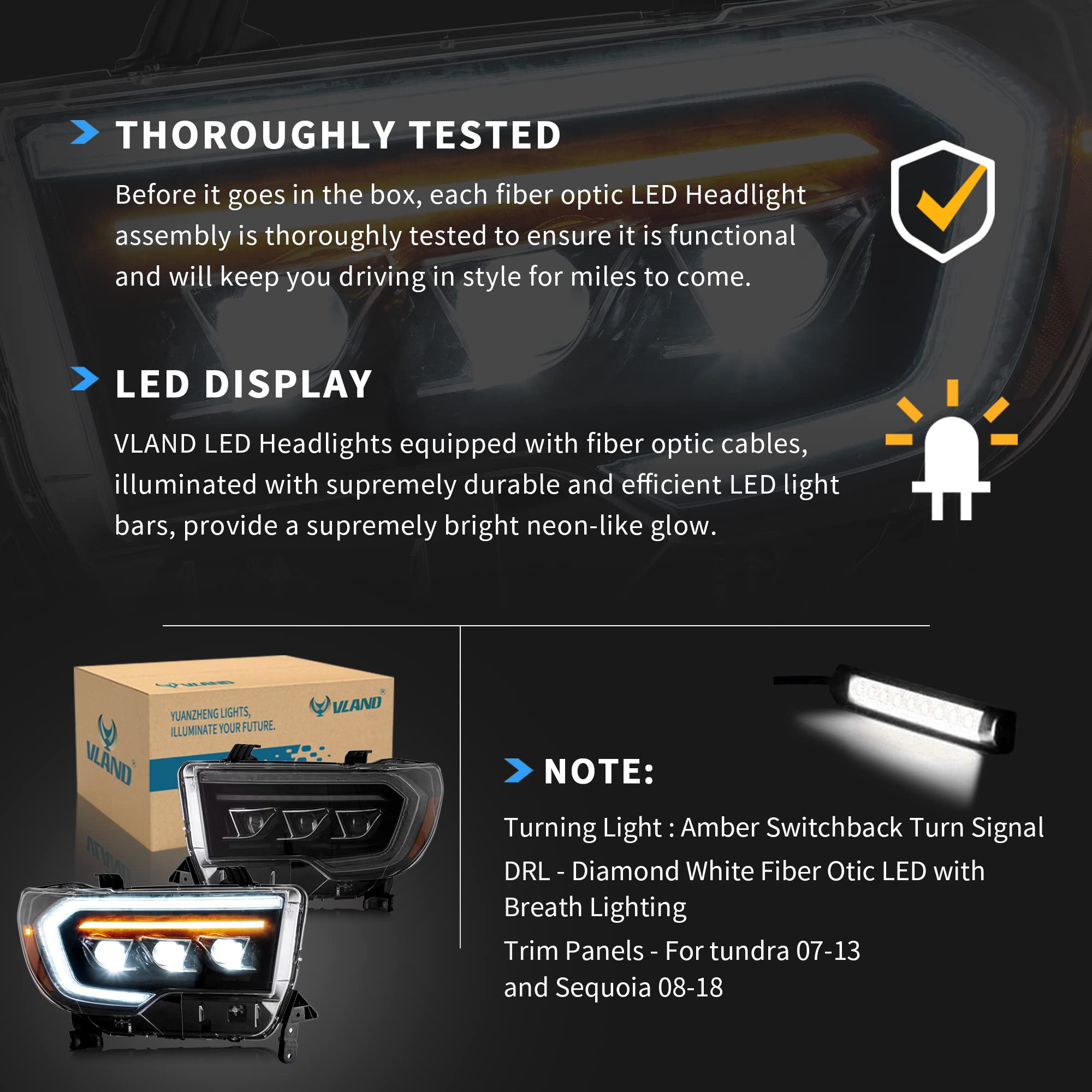 VLAND LED Headlights Compatible with Toyota Tundra 2007-2013/ Sequoia 2008-2021 w/Sequential Turn Signal, w/Diamond White DRL w/LED Reflection bowl Amber Reflector Black Trim Panel