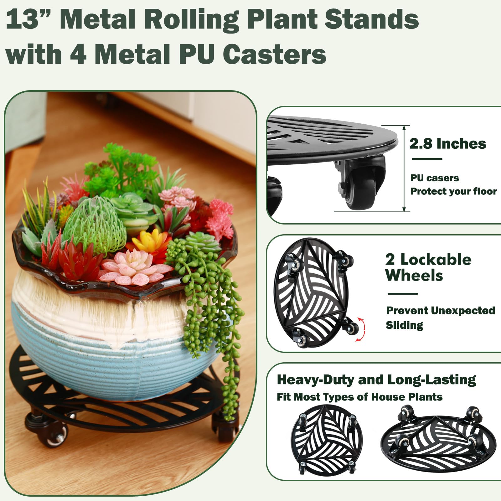 1 Pack 12 inches Large Metal Plant Caddy with 3 PU Metal Wheels Rolling Plant Stand with Casters Indoor Outdoor Wheeled Planter Roller Base Pot Movers Plant Dolly Coaster Trolley Black