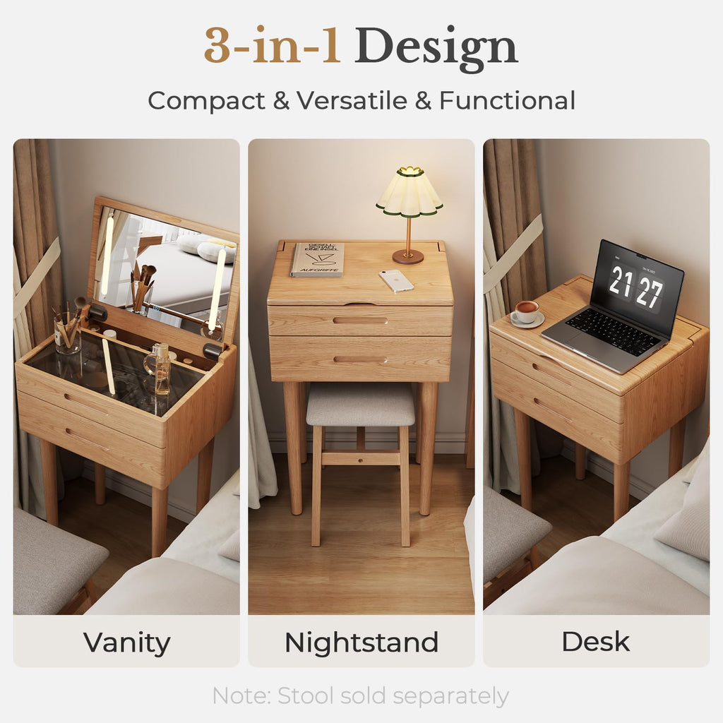 Muwuele Solid Wood Small Vanity Desk with Mirror and Lights, Narrow Makeup Vanity for Small Space, Flip Top Vanity Side Table, 3 Color Modes & Adjustable Brightness, 19.6" Slim Dressing Table, Black