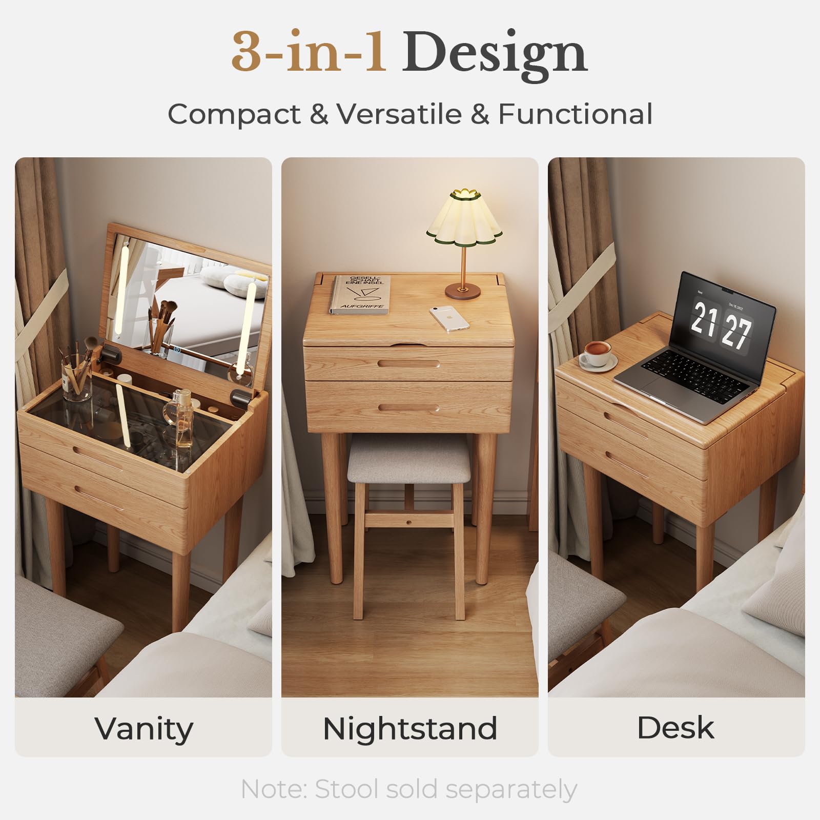 Muwuele Solid Wood Small Vanity Desk with Mirror and Lights, Narrow Makeup Vanity for Small Space, Flip Top Vanity Side Table, 3 Color Modes & Adjustable Brightness, 19.6" Slim Dressing Table, Black