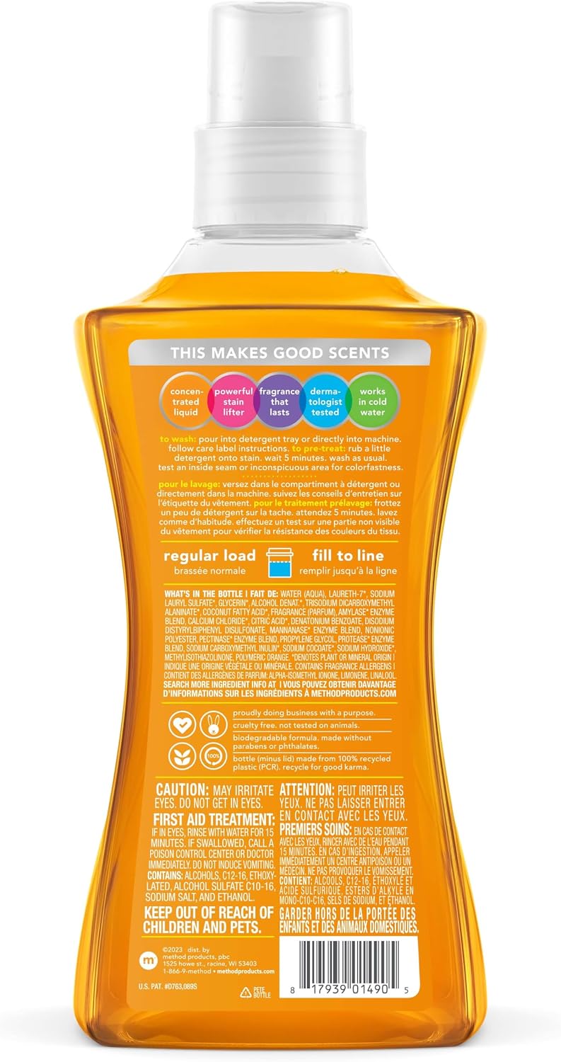 Method Liquid Laundry Detergent; Ginger Mango Scent; Stain Remover; 66 Loads per 53.5 fl oz bottle; 4 Pack (264 Total Loads); Packaging May Vary